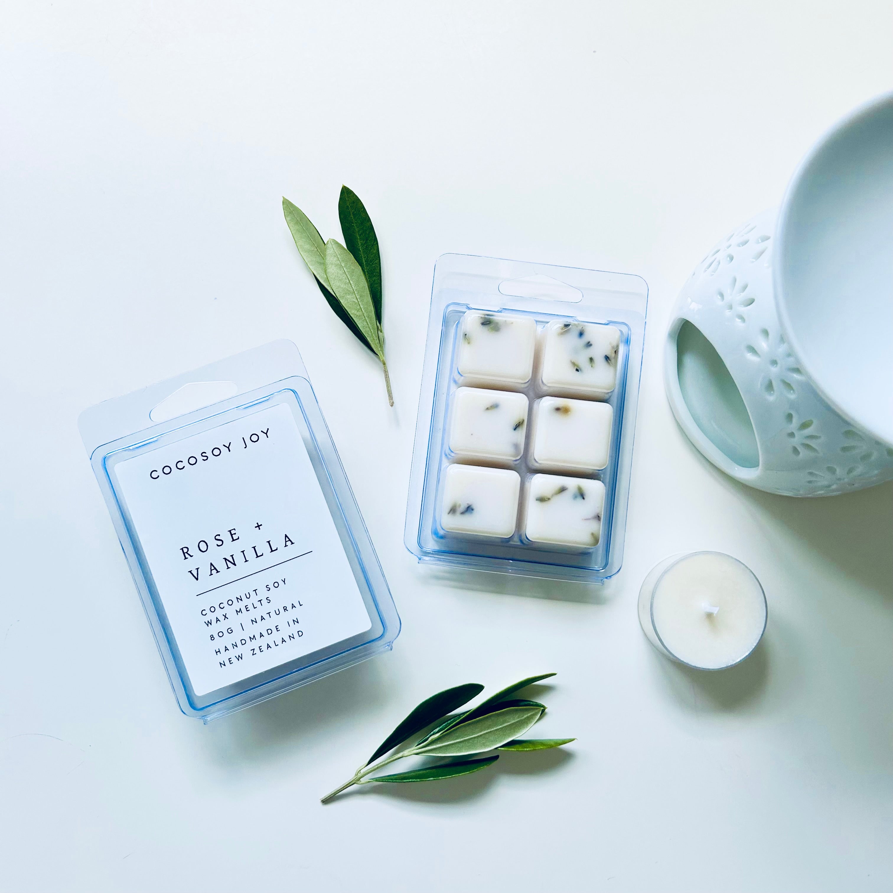 Rose and Vanilla Botanical Coconut Soy wax melts. Made from natural coconut and soy waxes and high-quality fragrance oils. Vegan, natural, paraffin-free, and phthalate-free. A safer and cleaner way to make your home beautifully fragrant. Handmade in New Zealand. Available at Cocosoy Joy NZ.