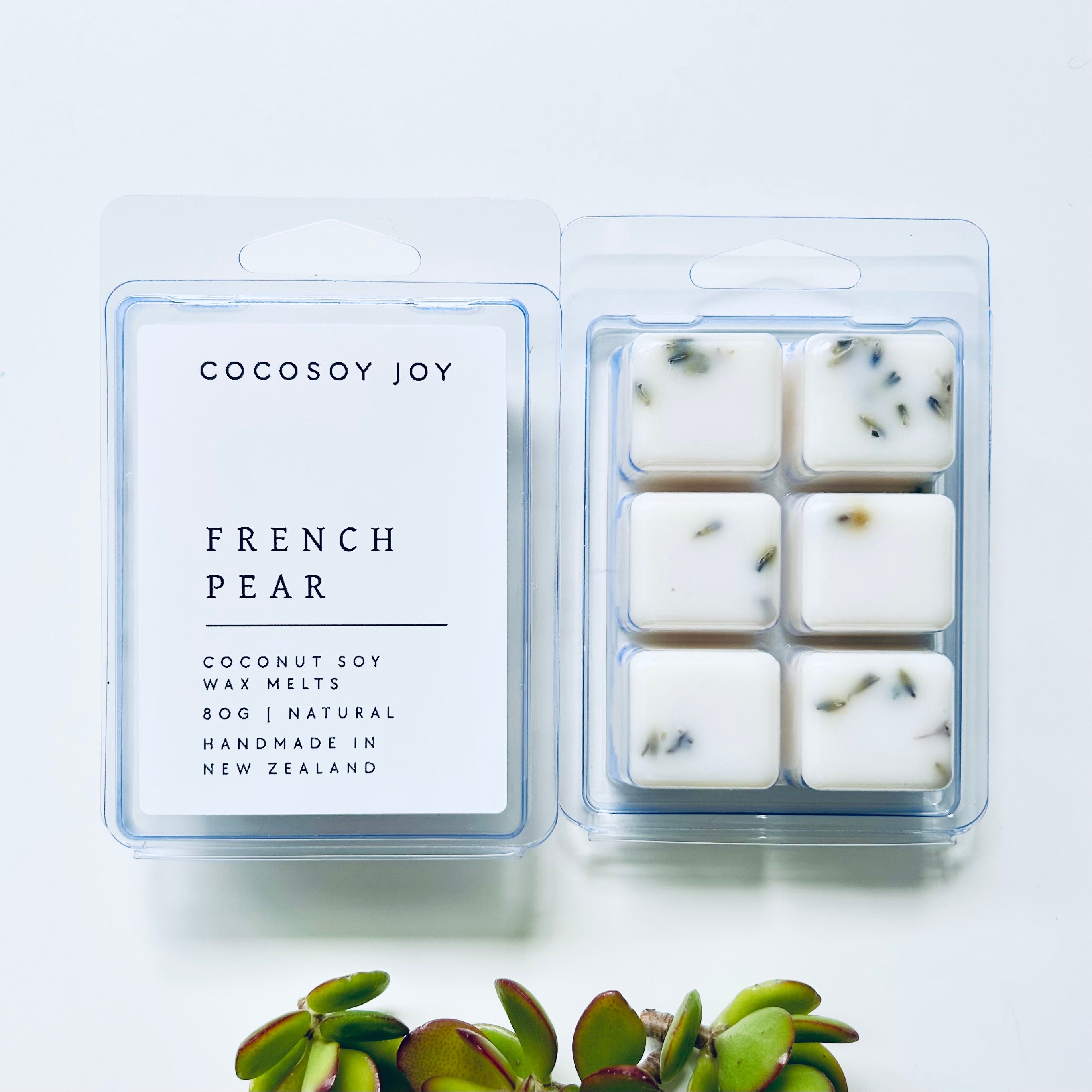 French Pear Botanical Coconut Soy wax melts. Made from natural coconut and soy waxes and high-quality fragrance oils. Vegan, natural, paraffin-free, and phthalate-free. A safer and cleaner way to make your home beautifully fragrant. Handmade in New Zealand. Available at Cocosoy Joy NZ.