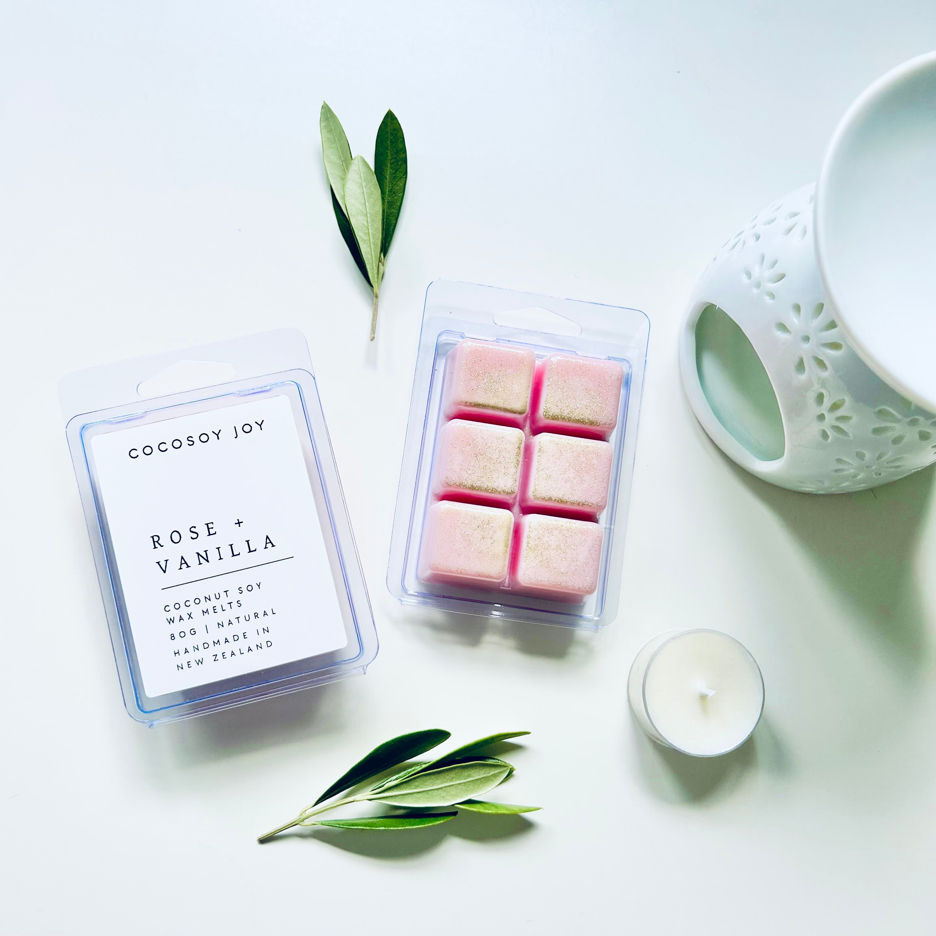 Rose and Vanilla Coconut Soy wax melts. Made from natural coconut and soy waxes and high-quality fragrance oils. Vegan, natural, paraffin-free, and phthalate-free. A safer and cleaner way to make your home beautifully fragrant. Handmade in New Zealand. Available at Cocosoy Joy NZ.
