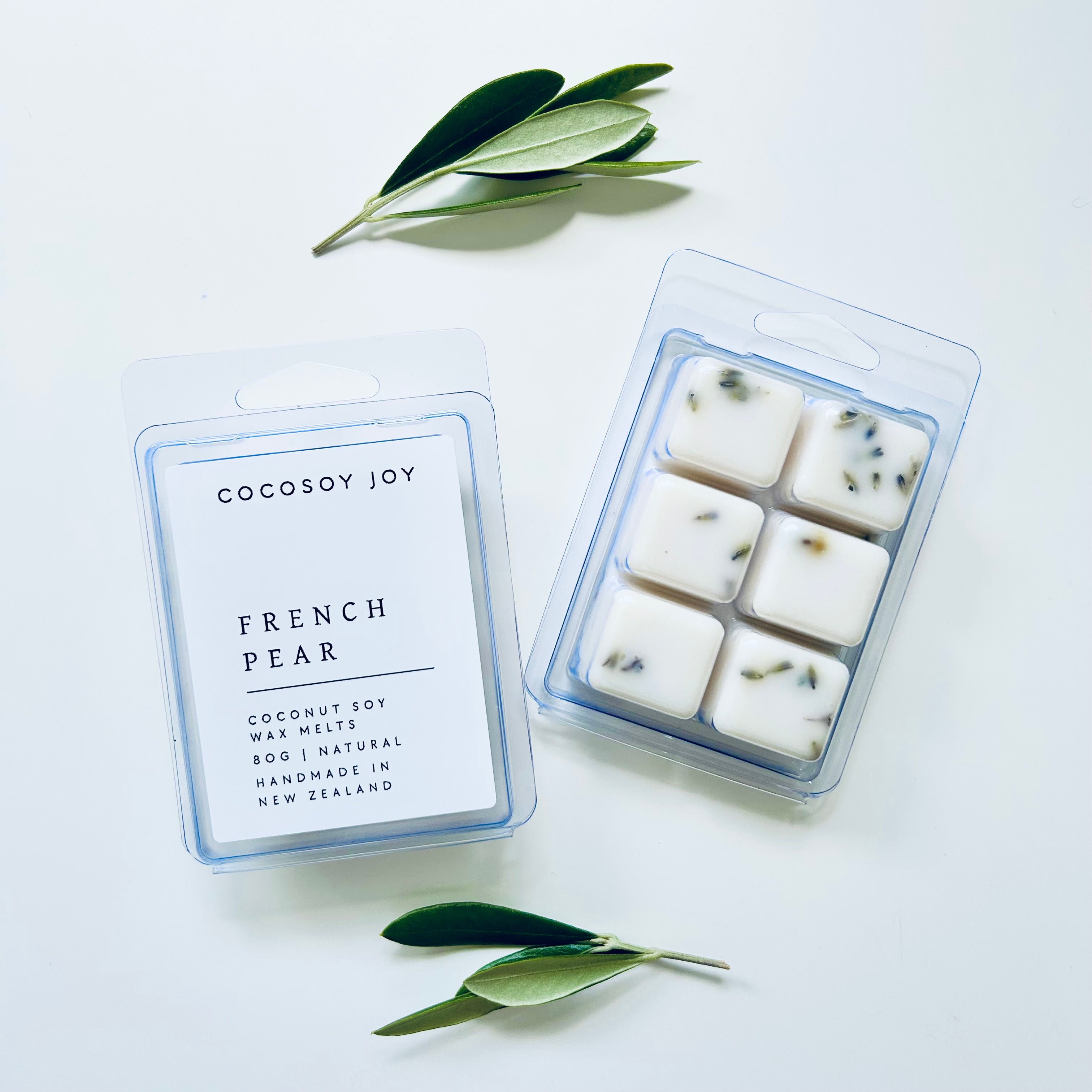 French Pear Botanical Coconut Soy wax melts. Made from natural coconut and soy waxes and high-quality fragrance oils. Vegan, natural, paraffin-free, and phthalate-free. A safer and cleaner way to make your home beautifully fragrant. Handmade in New Zealand. Available at Cocosoy Joy NZ.