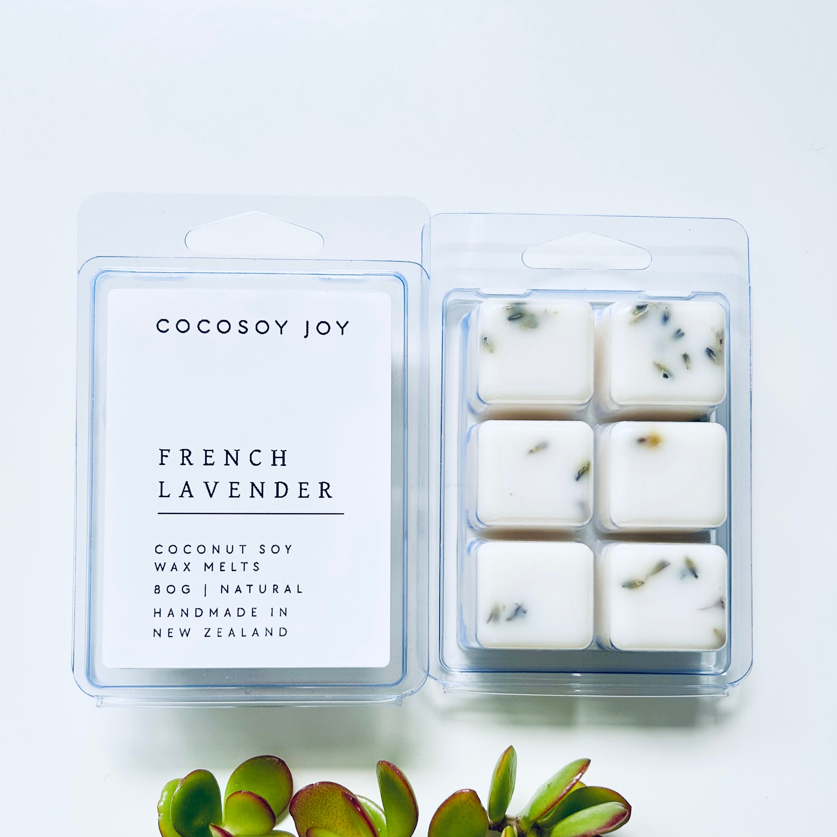 French Lavender Botanical Coconut Soy wax melts. Made from natural coconut and soy waxes and high-quality fragrance oils. Vegan, natural, paraffin-free, and phthalate-free. A safer and cleaner way to make your home beautifully fragrant. Handmade in New Zealand. Available at Cocosoy Joy NZ.