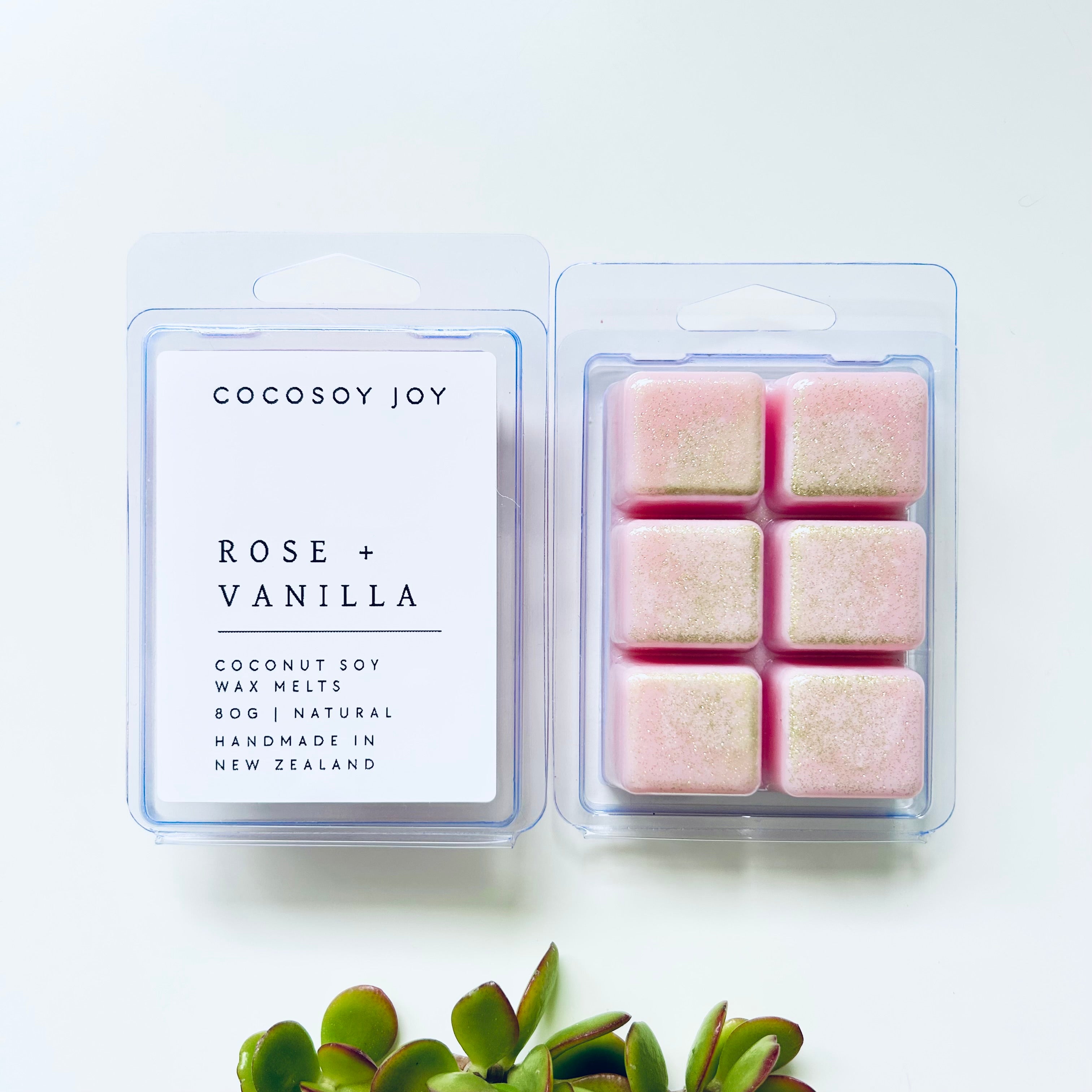 Rose and Vanilla Coconut Soy wax melts. Made from natural coconut and soy waxes and high-quality fragrance oils. Vegan, natural, paraffin-free, and phthalate-free. A safer and cleaner way to make your home beautifully fragrant. Handmade in New Zealand. Available at Cocosoy Joy NZ.