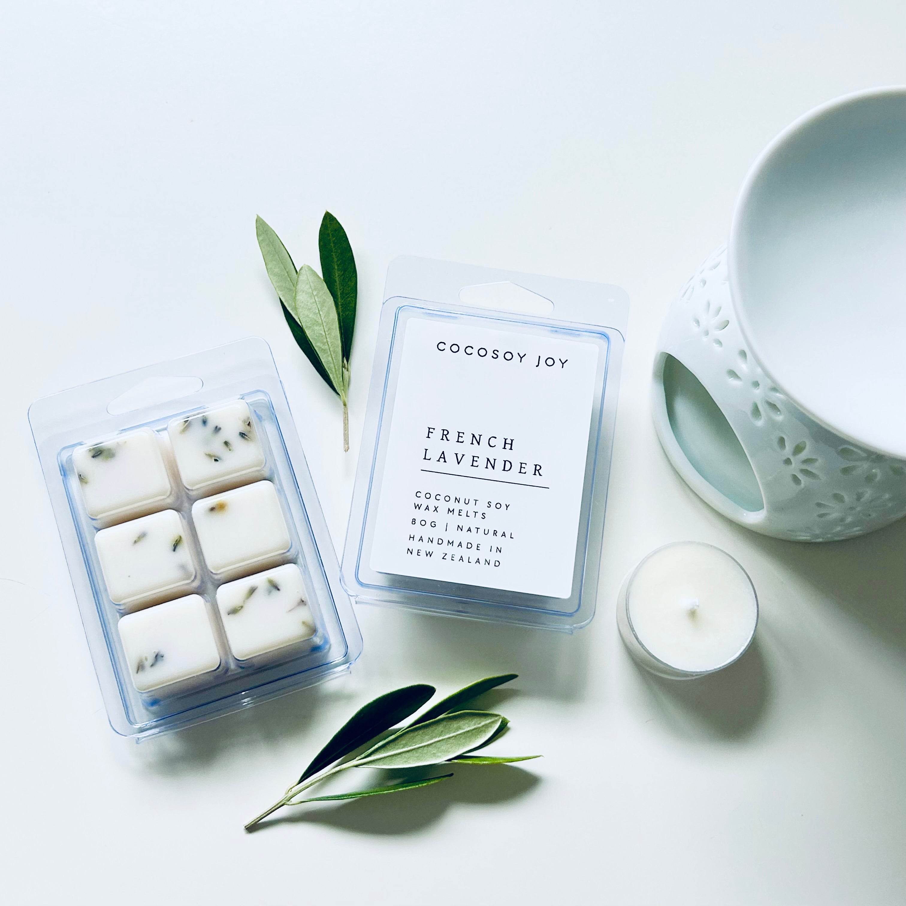 French Lavender Botanical Coconut Soy wax melts. Made from natural coconut and soy waxes and high-quality fragrance oils. Vegan, natural, paraffin-free, and phthalate-free. A safer and cleaner way to make your home beautifully fragrant. Handmade in New Zealand. Available at Cocosoy Joy NZ.