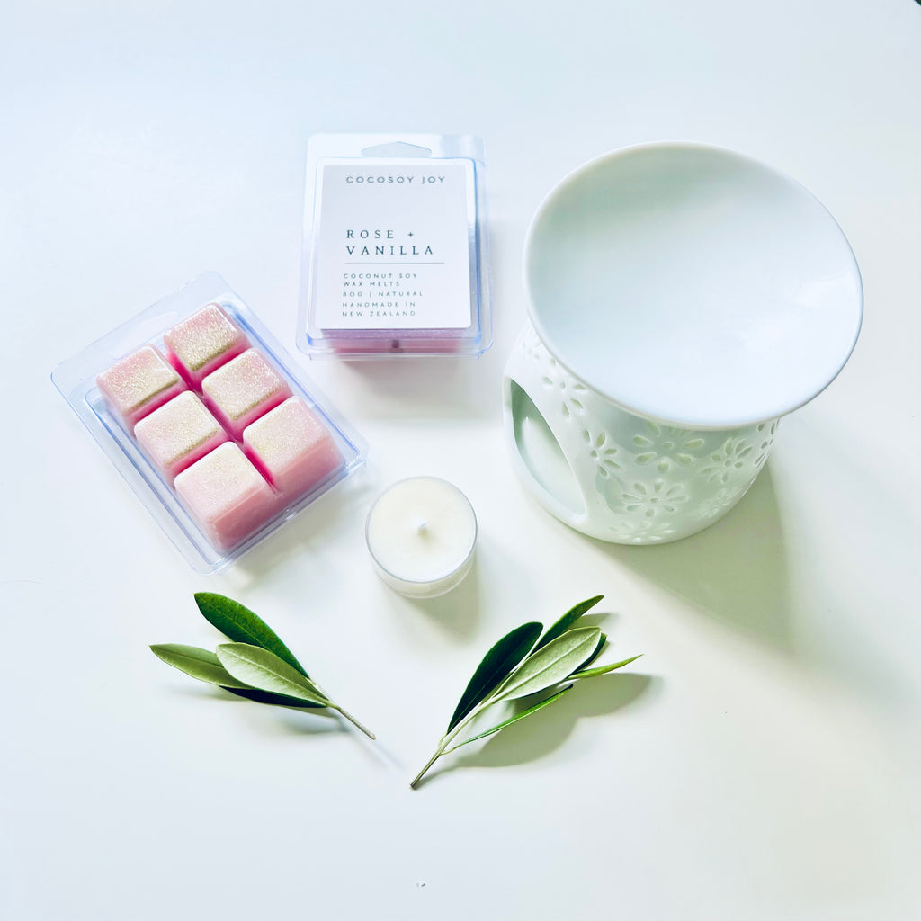 Rose and Vanilla Coconut Soy wax melts. Made from natural coconut and soy waxes and high-quality fragrance oils. Vegan, natural, paraffin-free, and phthalate-free. A safer and cleaner way to make your home beautifully fragrant. Handmade in New Zealand. Available at Cocosoy Joy NZ.
