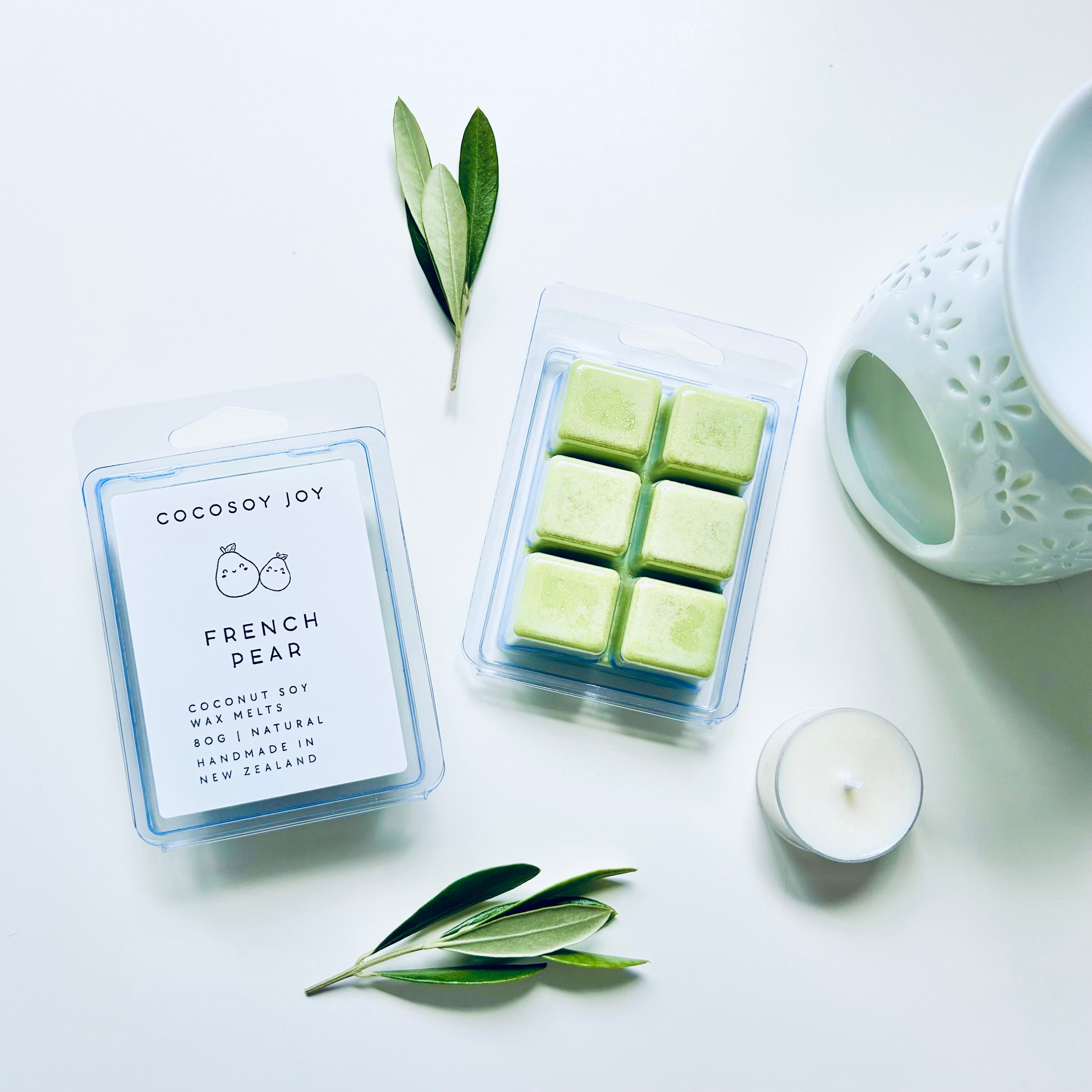 French Pear Coconut Soy wax melts. Made from natural coconut and soy waxes and high-quality fragrance oils. Vegan, natural, paraffin-free, and phthalate-free. A safer and cleaner way to make your home beautifully fragrant. Handmade in New Zealand. Available at Cocosoy Joy NZ.