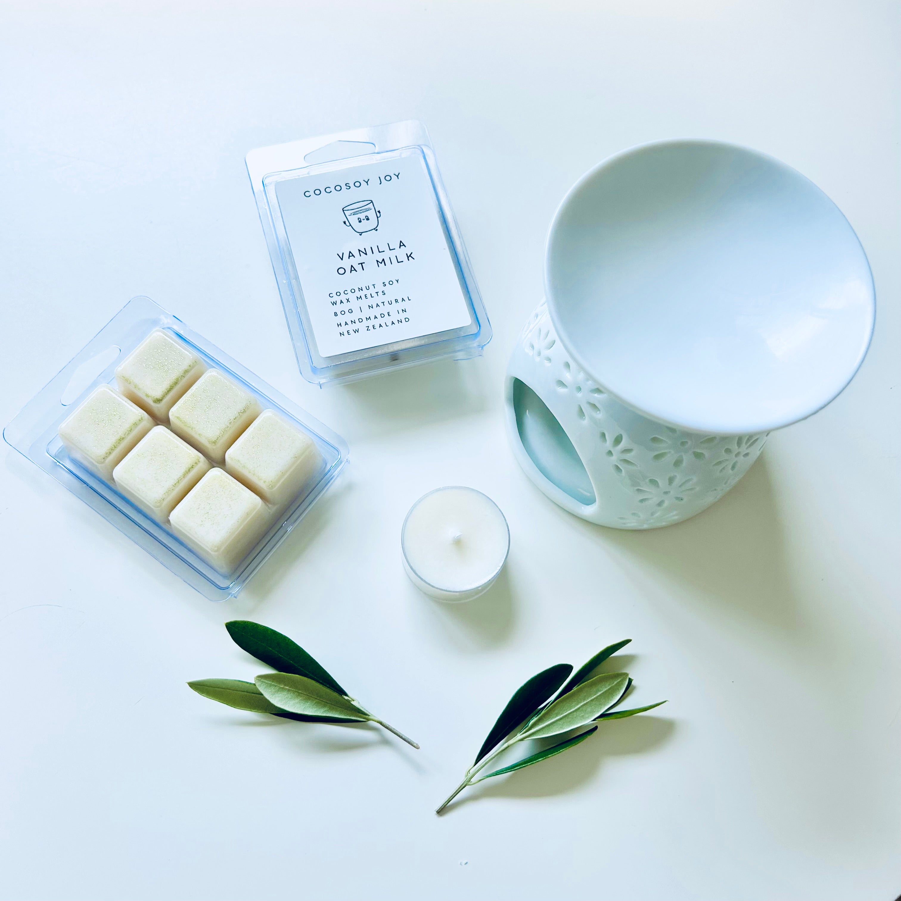 Vanilla Oat Milk Coconut Soy wax melts. Made from natural coconut and soy waxes and high-quality fragrance oils. Vegan, natural, paraffin-free, and phthalate-free. A safer and cleaner way to make your home beautifully fragrant. Handmade in New Zealand. Available at Cocosoy Joy NZ.
