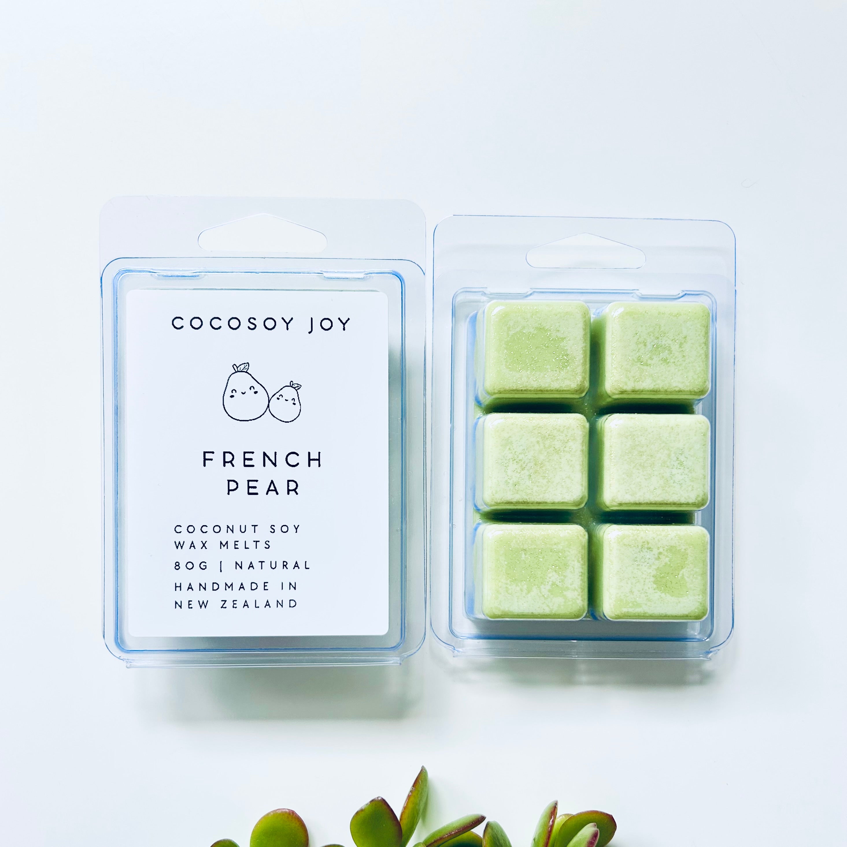 French Pear Coconut Soy wax melts. Made from natural coconut and soy waxes and high-quality fragrance oils. Vegan, natural, paraffin-free, and phthalate-free. A safer and cleaner way to make your home beautifully fragrant. Handmade in New Zealand. Available at Cocosoy Joy NZ.