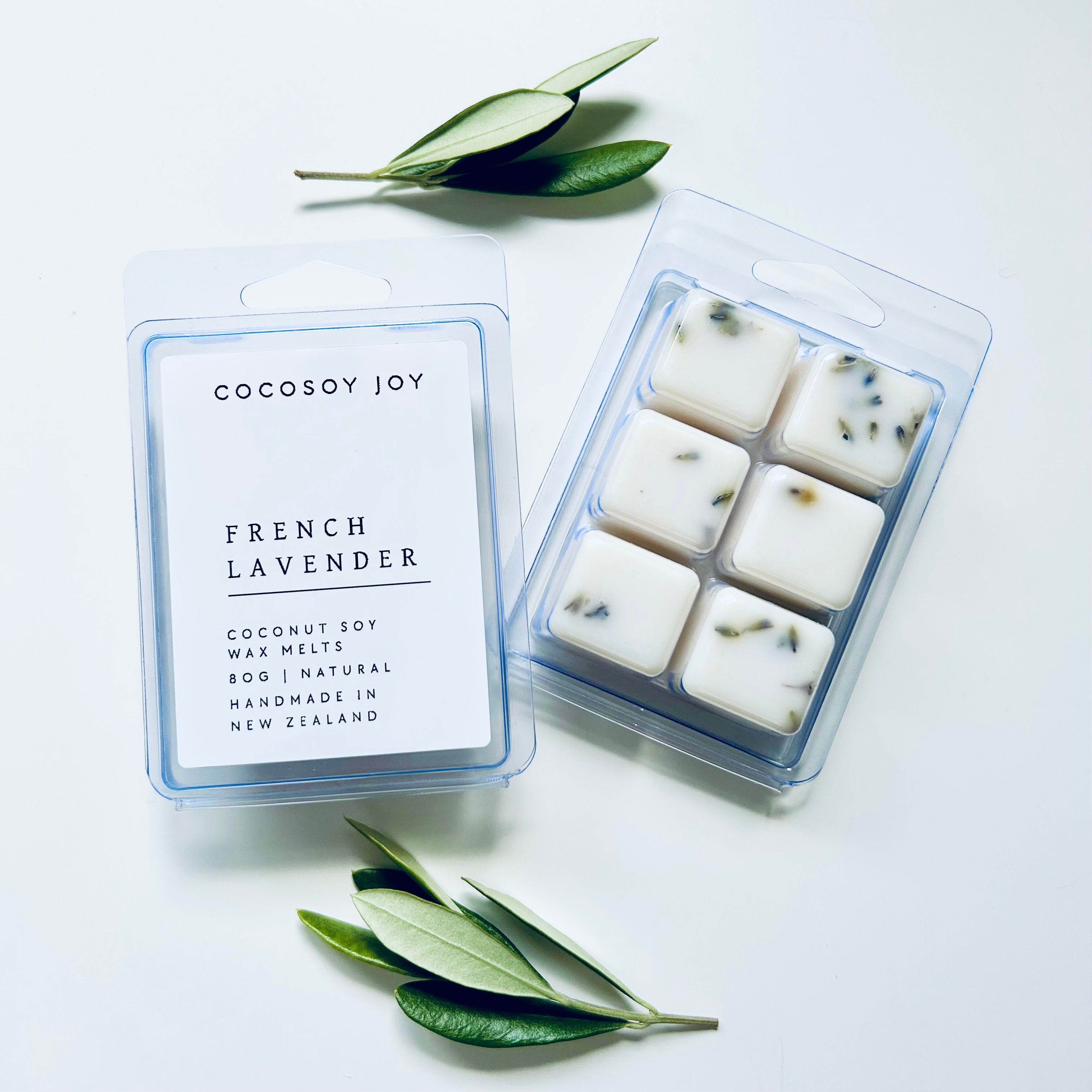French Lavender Botanical Coconut Soy wax melts. Made from natural coconut and soy waxes and high-quality fragrance oils. Vegan, natural, paraffin-free, and phthalate-free. A safer and cleaner way to make your home beautifully fragrant. Handmade in New Zealand. Available at Cocosoy Joy NZ.