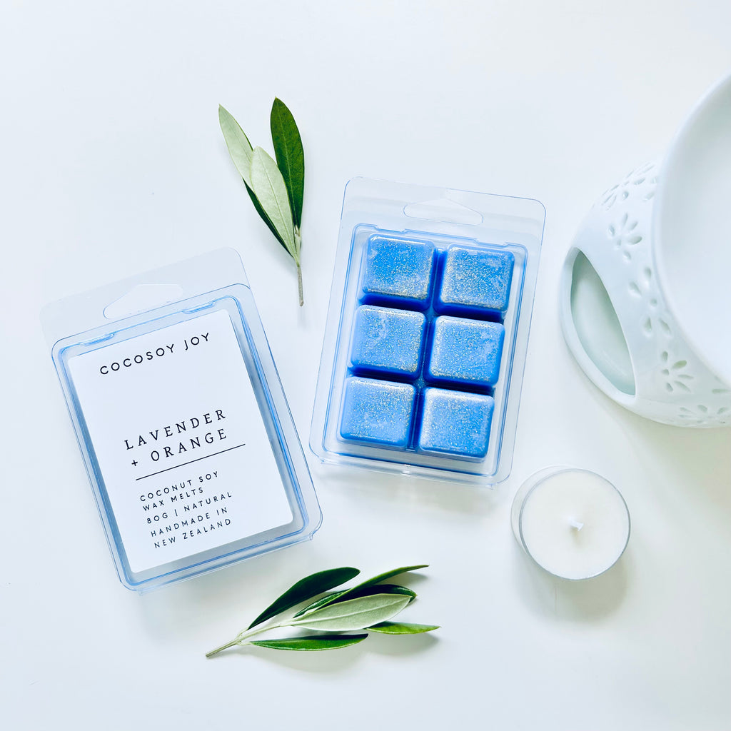 Lavender and Orange Coconut Soy wax melts. Made from natural coconut and soy waxes and high-quality fragrance oils. Vegan, natural, paraffin-free, and phthalate-free. A safer and cleaner way to make your home beautifully fragrant. Handmade in New Zealand. Available at Cocosoy Joy NZ.