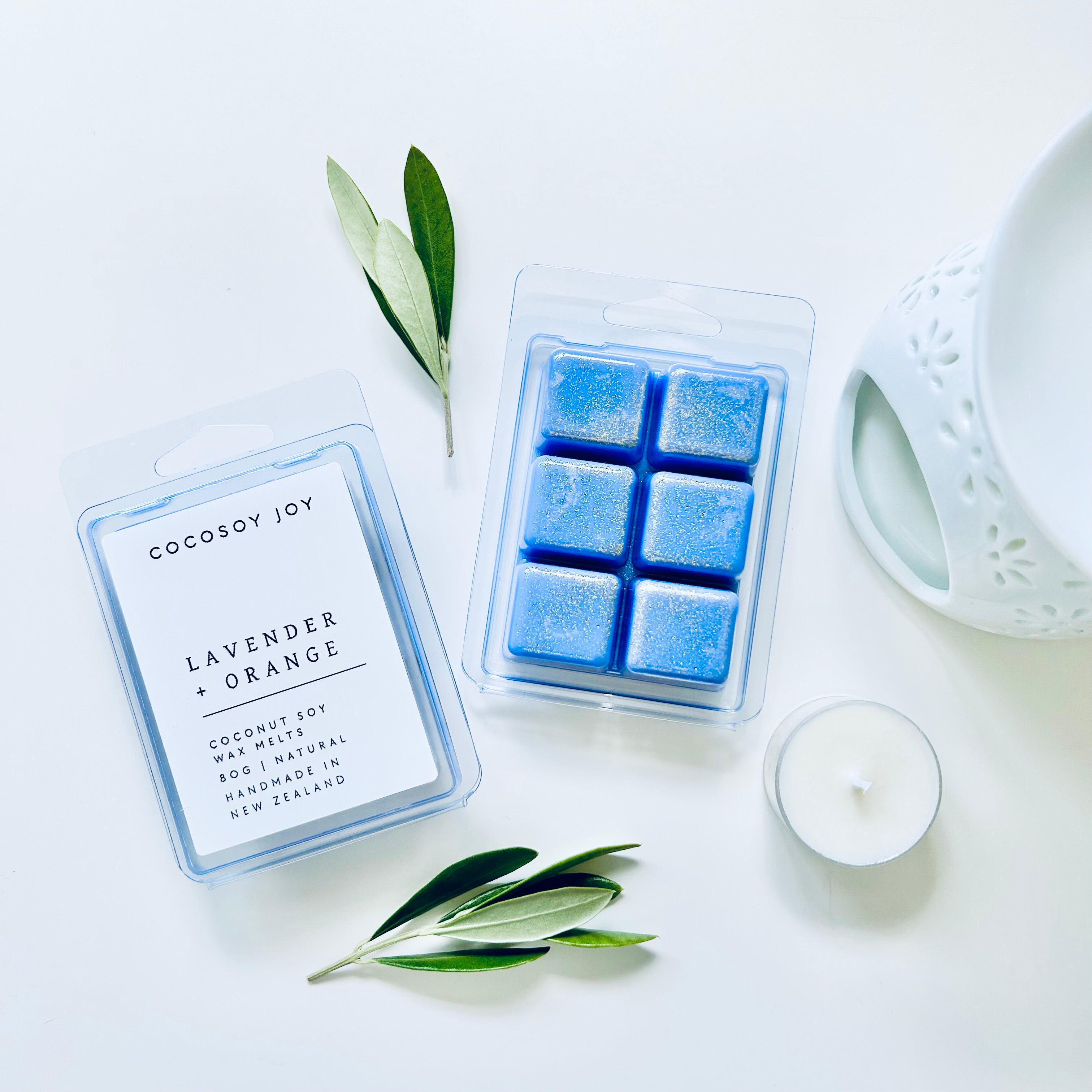Lavender and Orange Coconut Soy wax melts. Made from natural coconut and soy waxes and high-quality fragrance oils. Vegan, natural, paraffin-free, and phthalate-free. A safer and cleaner way to make your home beautifully fragrant. Handmade in New Zealand. Available at Cocosoy Joy NZ.
