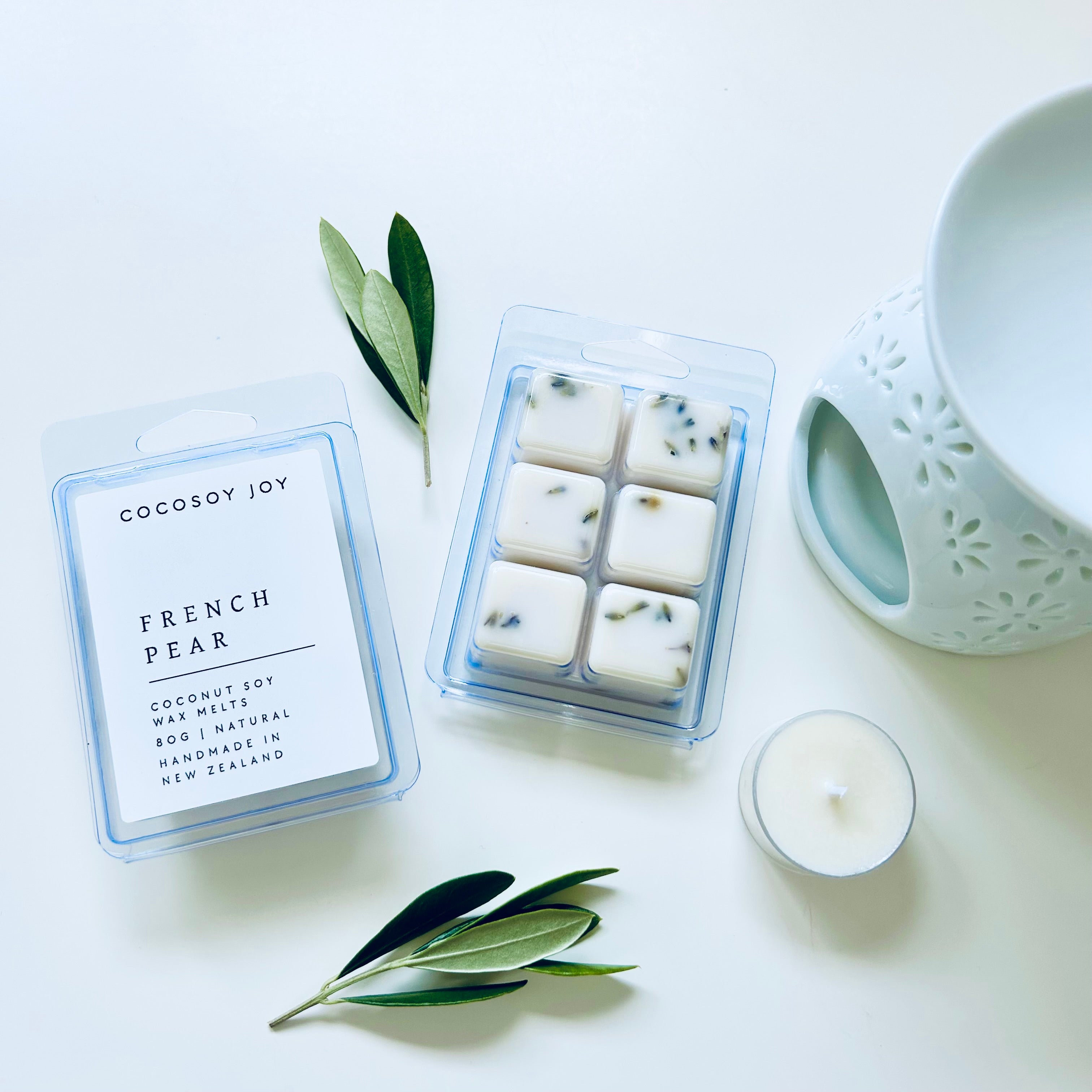 French Pear Botanical Coconut Soy wax melts. Made from natural coconut and soy waxes and high-quality fragrance oils. Vegan, natural, paraffin-free, and phthalate-free. A safer and cleaner way to make your home beautifully fragrant. Handmade in New Zealand. Available at Cocosoy Joy NZ.