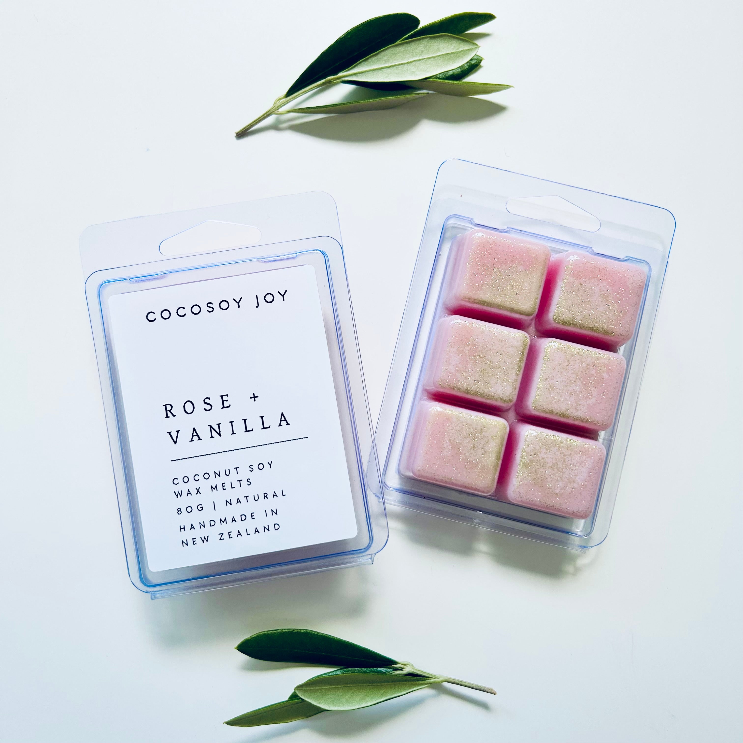 Rose and Vanilla Coconut Soy wax melts. Made from natural coconut and soy waxes and high-quality fragrance oils. Vegan, natural, paraffin-free, and phthalate-free. A safer and cleaner way to make your home beautifully fragrant. Handmade in New Zealand. Available at Cocosoy Joy NZ.