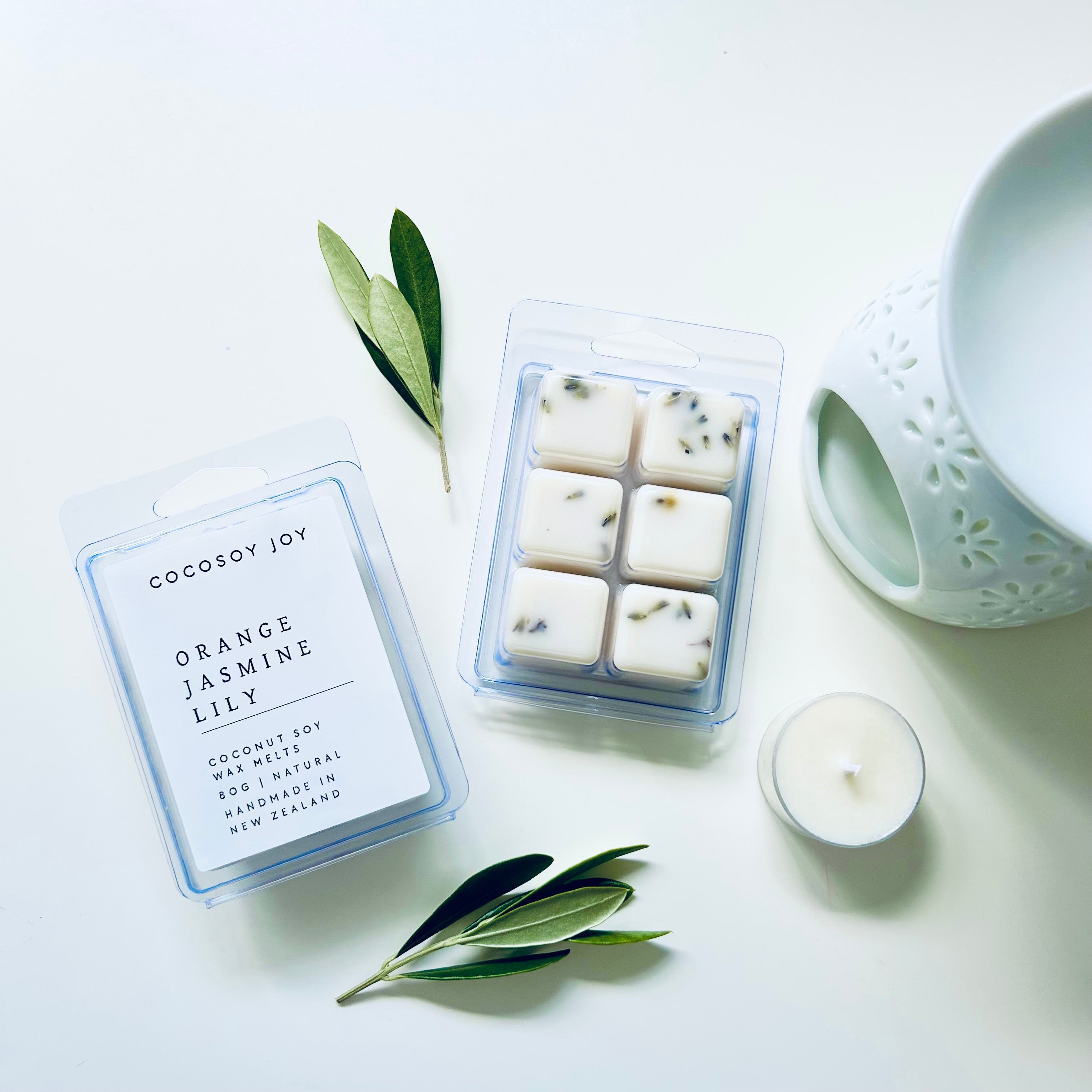 Orange Jasmine Lily Coconut Soy wax melts. Made from natural coconut and soy waxes and high-quality fragrance oils. Vegan, natural, paraffin-free, and phthalate-free. A safer and cleaner way to make your home beautifully fragrant. Handmade in New Zealand. Available at Cocosoy Joy NZ.