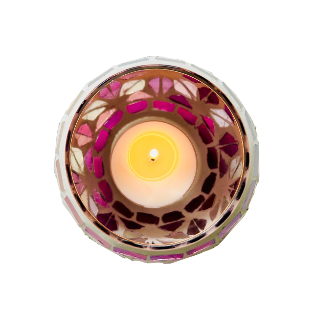 Handcrafted flower mosaic tealight candle holder with shimmering glass tiles that reflect soft candlelight, creating a cozy, calming ambience for home décor. Available at Cocosoy Joy New Zealand.