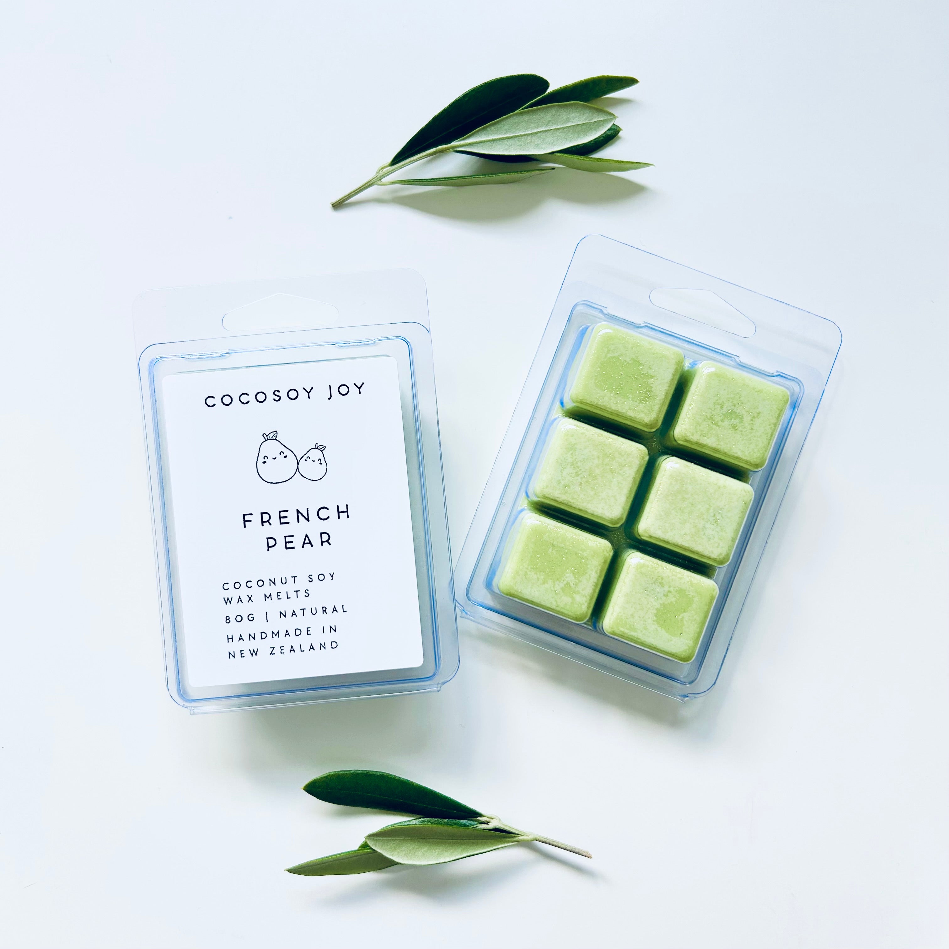 French Pear Coconut Soy wax melts. Made from natural coconut and soy waxes and high-quality fragrance oils. Vegan, natural, paraffin-free, and phthalate-free. A safer and cleaner way to make your home beautifully fragrant. Handmade in New Zealand. Available at Cocosoy Joy NZ.