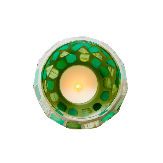 Handcrafted green mosaic tealight candle holder with shimmering glass tiles reflecting soft candlelight, creating a cozy and calming ambience for home décor. Available at Cocosoy Joy New Zealand.