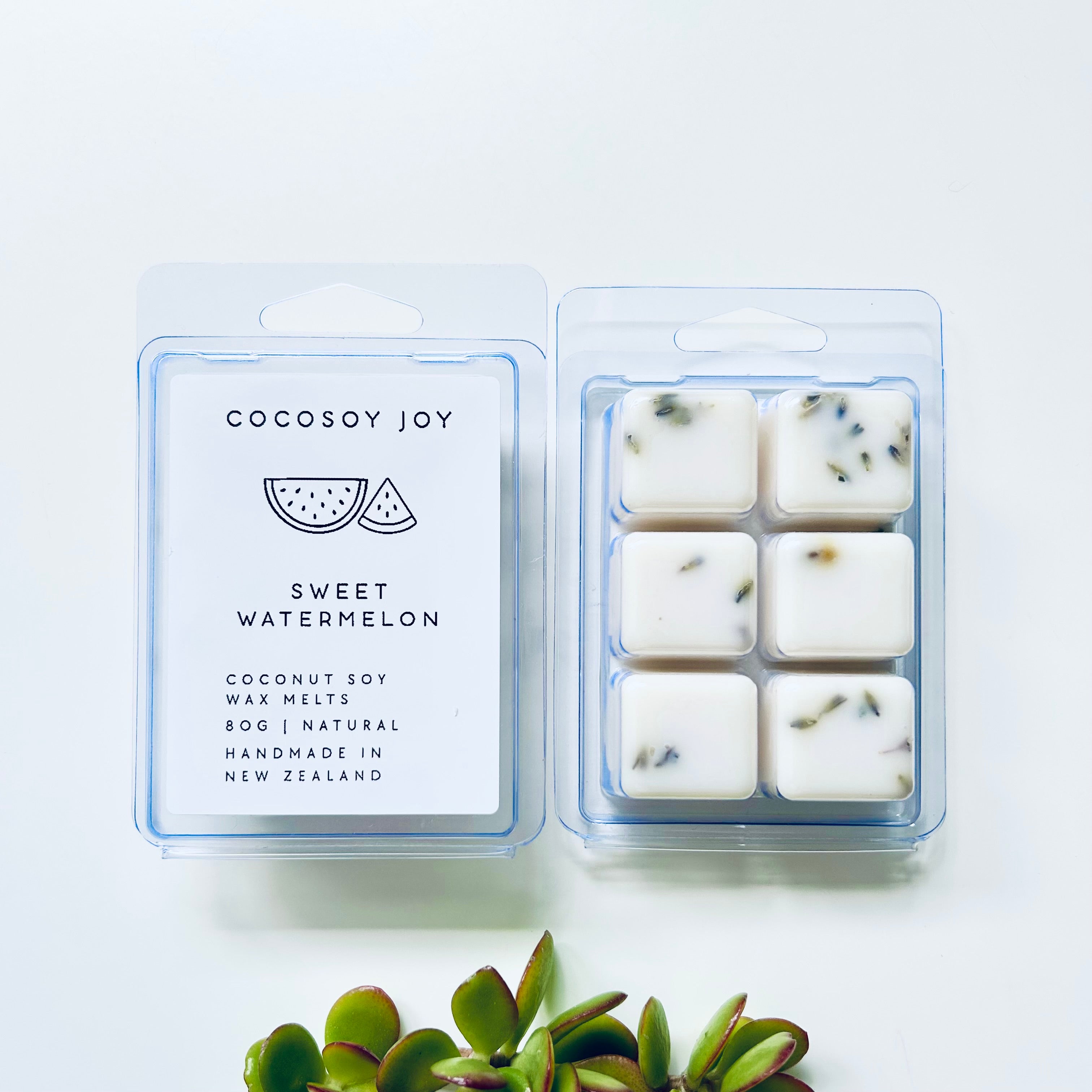 Botanical collection sweet watermelon coconut soy wax melts. Made from natural and plant-based coconut and soy waxes. Vegan and paraffin-free. Safer and cleaner home fragrance that lasts for several hours. Available at Cocosoy Joy NZ.