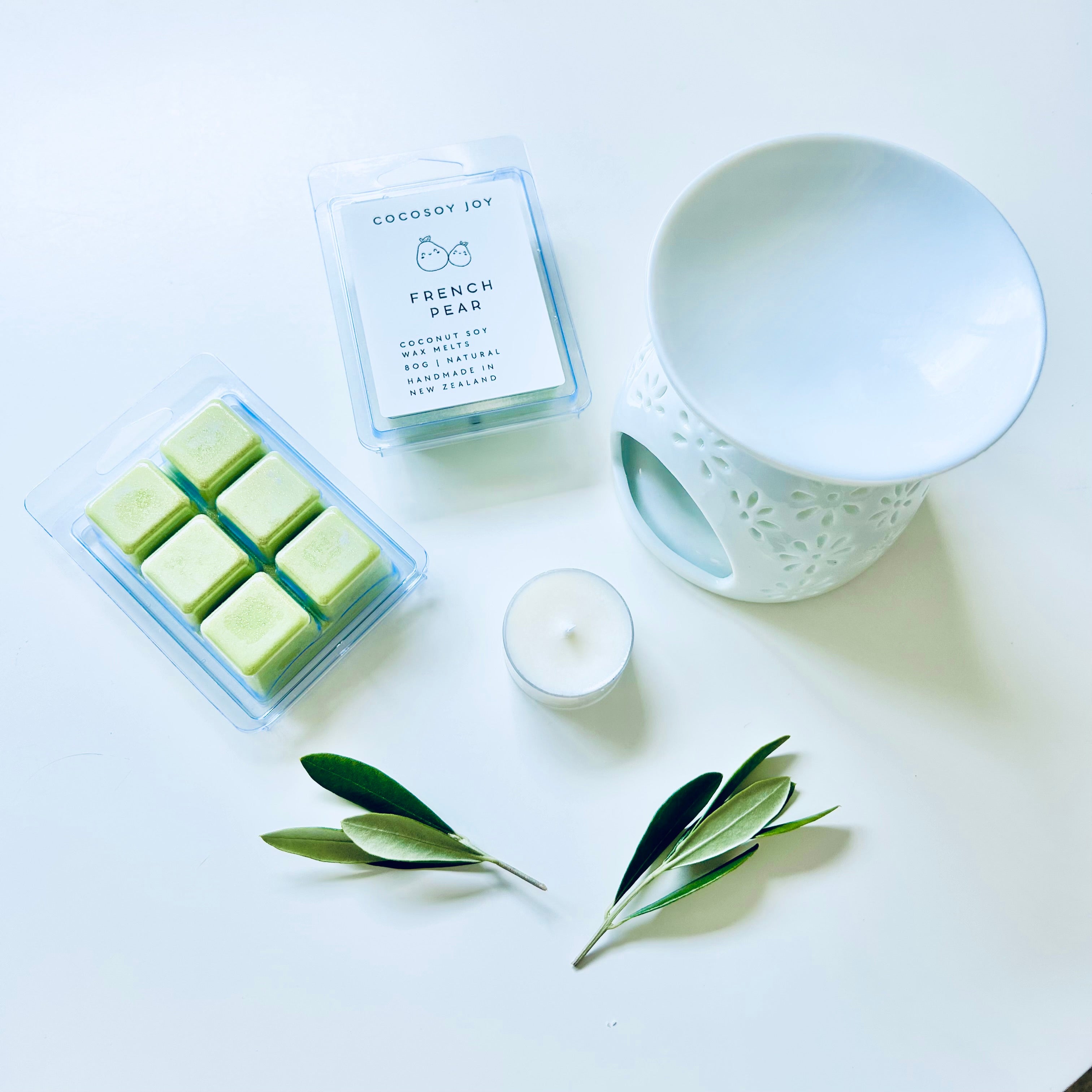 French Pear Coconut Soy wax melts. Made from natural coconut and soy waxes and high-quality fragrance oils. Vegan, natural, paraffin-free, and phthalate-free. A safer and cleaner way to make your home beautifully fragrant. Handmade in New Zealand. Available at Cocosoy Joy NZ.