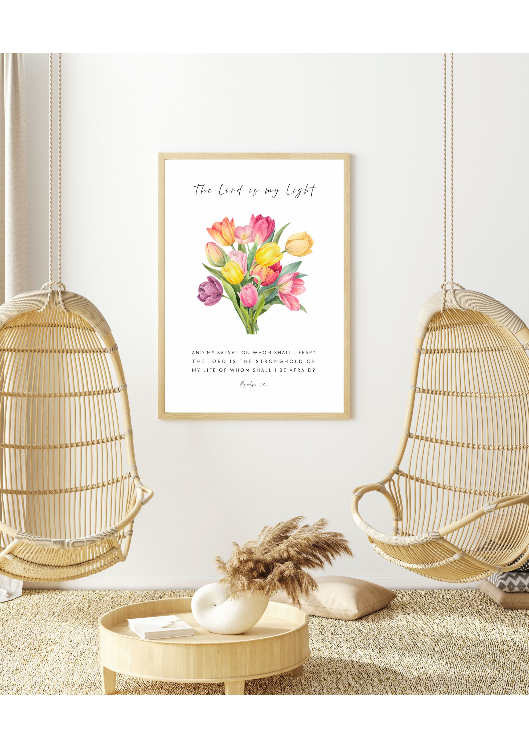 Christian art print designed in an elegant bouquet of colorful tulips with the Psalm 27:1 Bible verse, "The LORD is my light and my salvation whom shall I fear? The LORD is the stronghold of my life of whom shall I be afraid? Made and printed in New Zealand. Available at Cocosoy Joy NZ. Perfect gift and home decor.