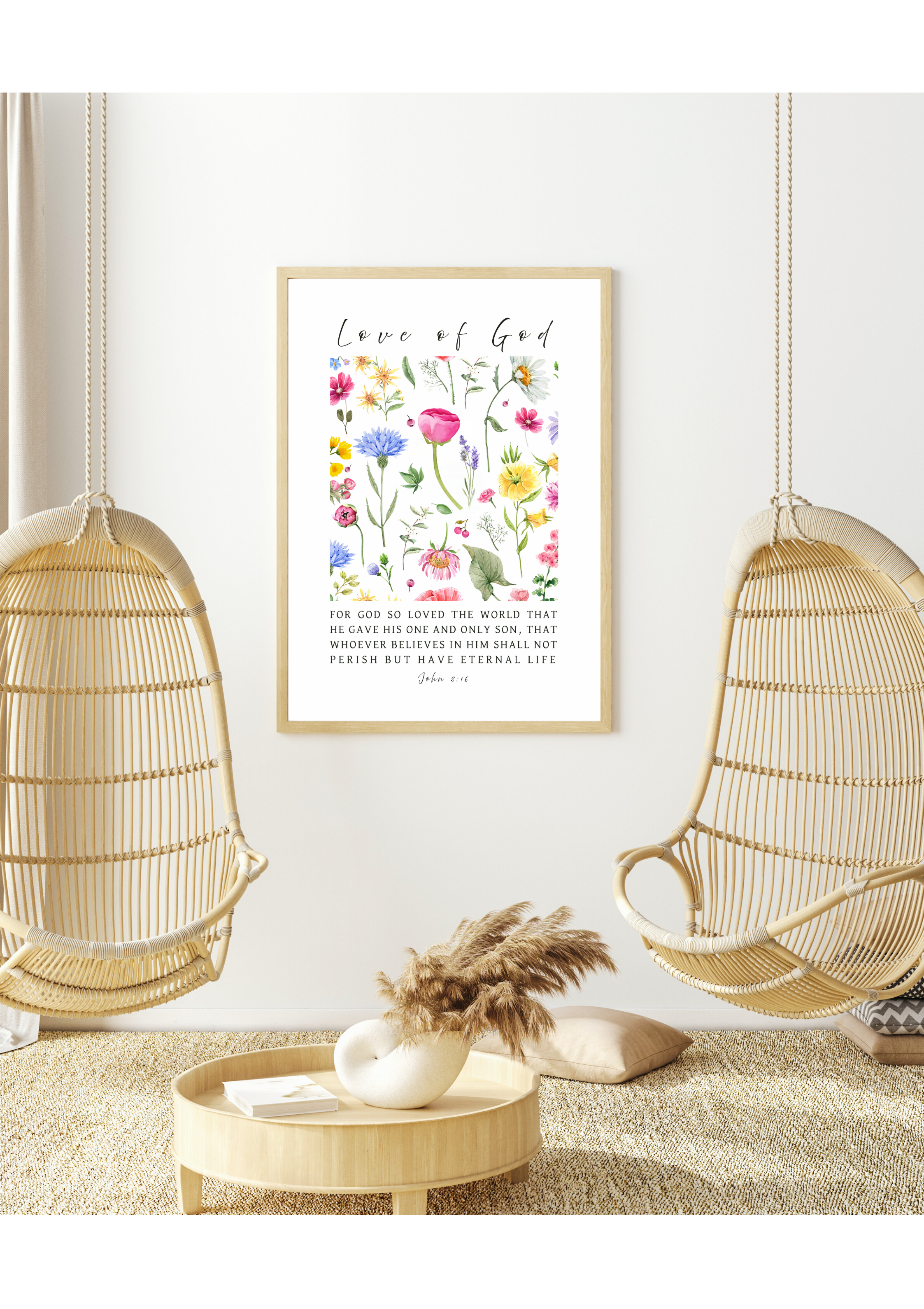 Christian giclee wall art print in beautiful botanical design of colourful wildflowers with the beloved John 3:16 verse, "For GOD so loved the world that He gave His one and only Son, that whoever believes in Him shall not perish but have eternal life". Made and printed in New Zealand. Available at Cocosoy Joy NZ.