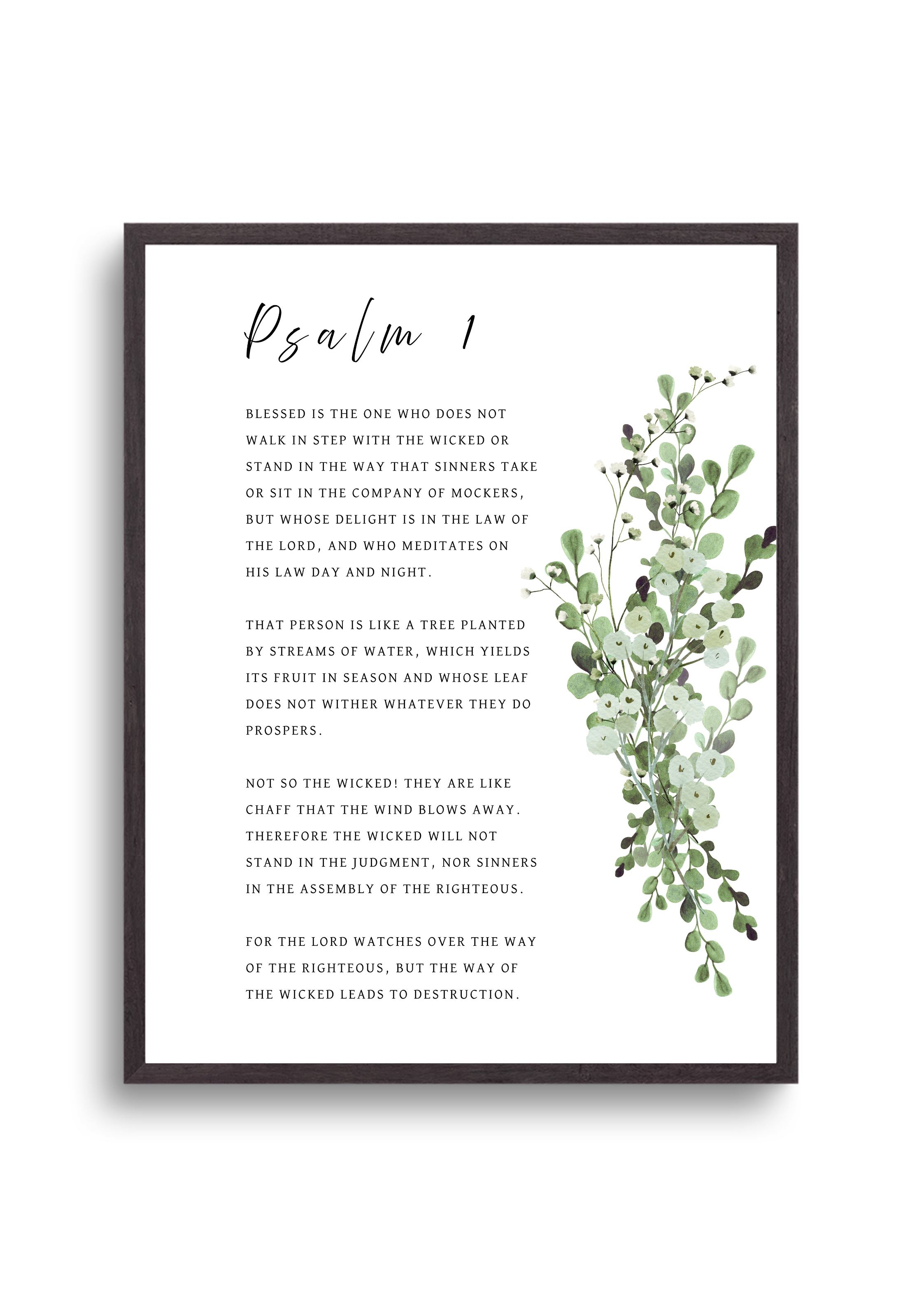 Christian giclee wall art print in beautiful botanical design of eucalyptus leaves bouquet, featuring Psalm 1. Made and printed in New Zealand. Exclusively available at Cocosoy Joy NZ. Perfect gift or home decor.