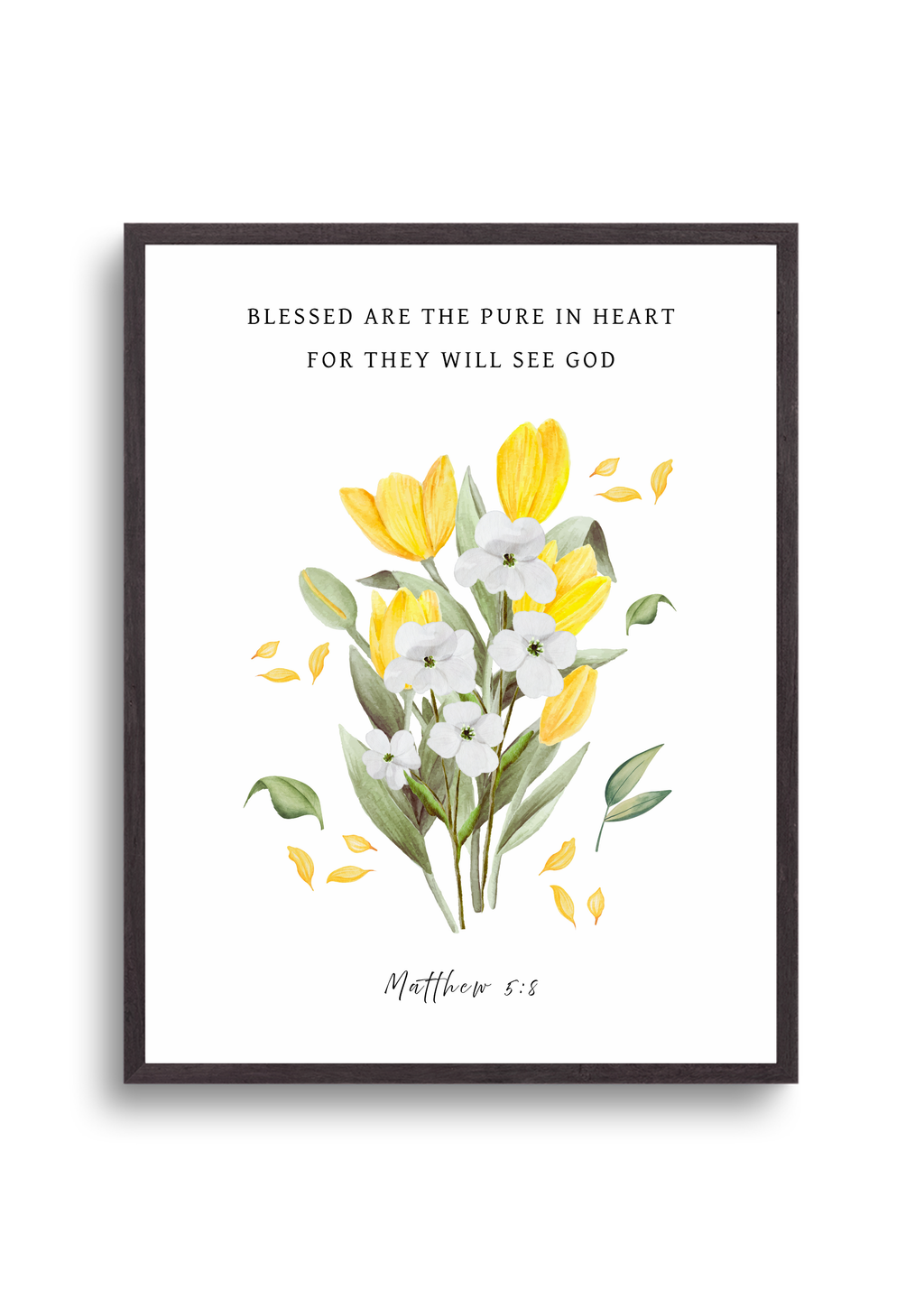 Christian art print in botanical design with yellow tulips and white flowers on a white background, featuring the Bible verse, Matthew 5:8, "Blessed are the pure in heart for they will see GOD". Made and printed in New Zealand. Available at Cocosoy Joy NZ. Perfect for gifts and home decor.