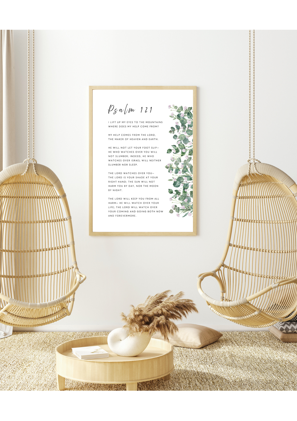 Bible verse giclee wall art print featuring Psalm 121 text with decorative eucalyptus and flowers on a white background, "I lift up my eyes to the mountains—where does my help come from? My help comes from the LORD, the Maker of heaven and earth". Made and printed in New Zealand. Exclusively available at Cocosoy Joy NZ. Perfect Christian gift and home decor.