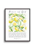 Christian giclee wall art print featuring Philippians 4:6-7, "Do not be anxious about anything, but in every situation, by prayer and petition, with thanksgiving, present your requests to GOD. And the peace of GOD, which transcends all understanding, will guard your hearts and your minds in CHRIST JESUS". Beautifully designed in bright and lively botanical lemon blossoms, fruits, and leaves. Made and printed in New Zealand. Available at Cocosoy Joy NZ.