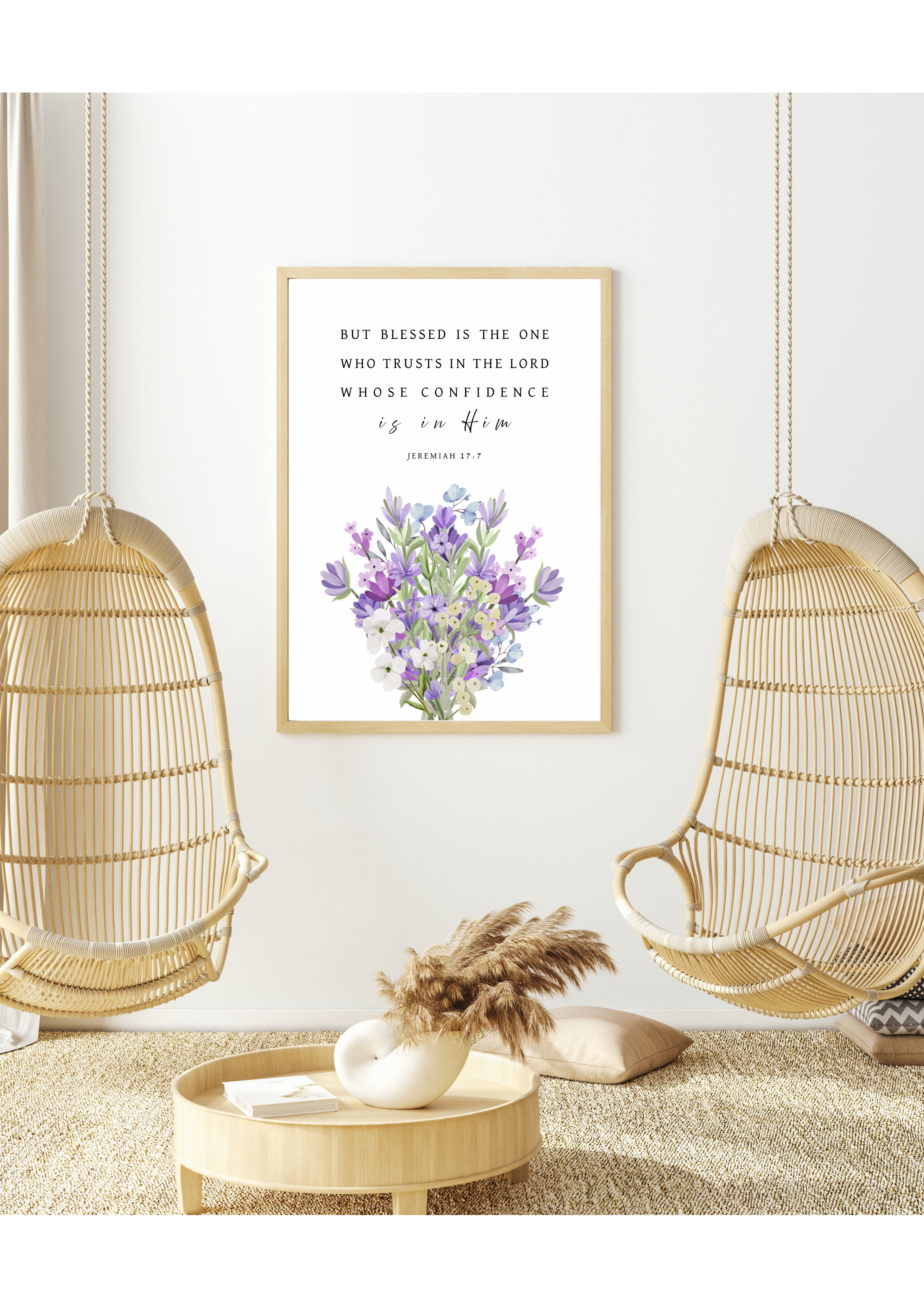 Christian giclee wall art print designed with a beautiful bouquet of lavenders and dainty flowers. Featuring the Bible verse, Jeremiah 17:7, "But blessed in the one who trusts in the LORD whose confidence is in Him". Made and printed in New Zealand. Available at Cocosoy Joy NZ. Perfect as gifts and home decor.