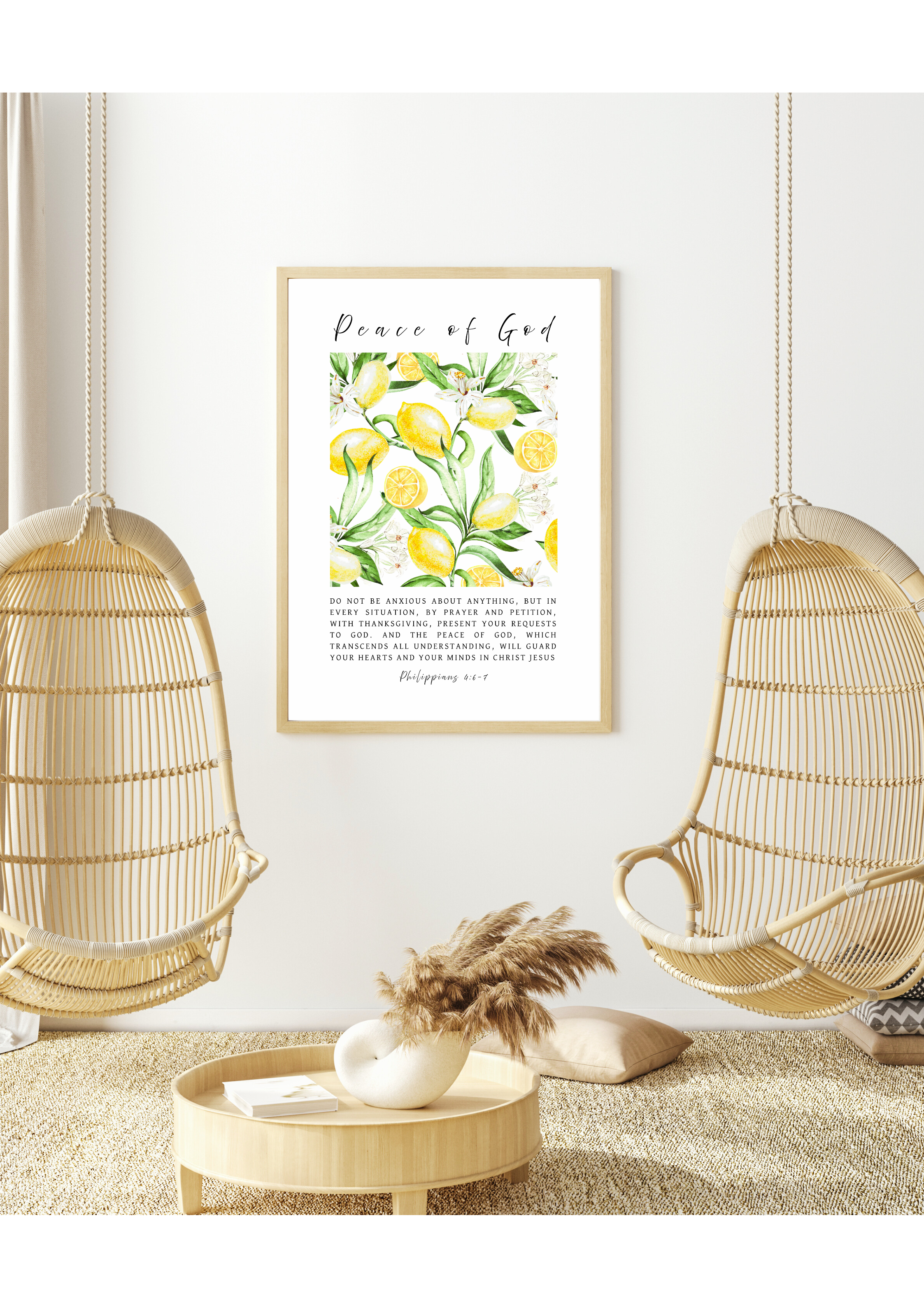 Christian giclee wall art print featuring Philippians 4:6-7, "Do not be anxious about anything, but in every situation, by prayer and petition, with thanksgiving, present your requests to GOD. And the peace of GOD, which transcends all understanding, will guard your hearts and your minds in CHRIST JESUS". Beautifully designed in bright and lively botanical lemon blossoms, fruits, and leaves. Made and printed in New Zealand. Available at Cocosoy Joy NZ.