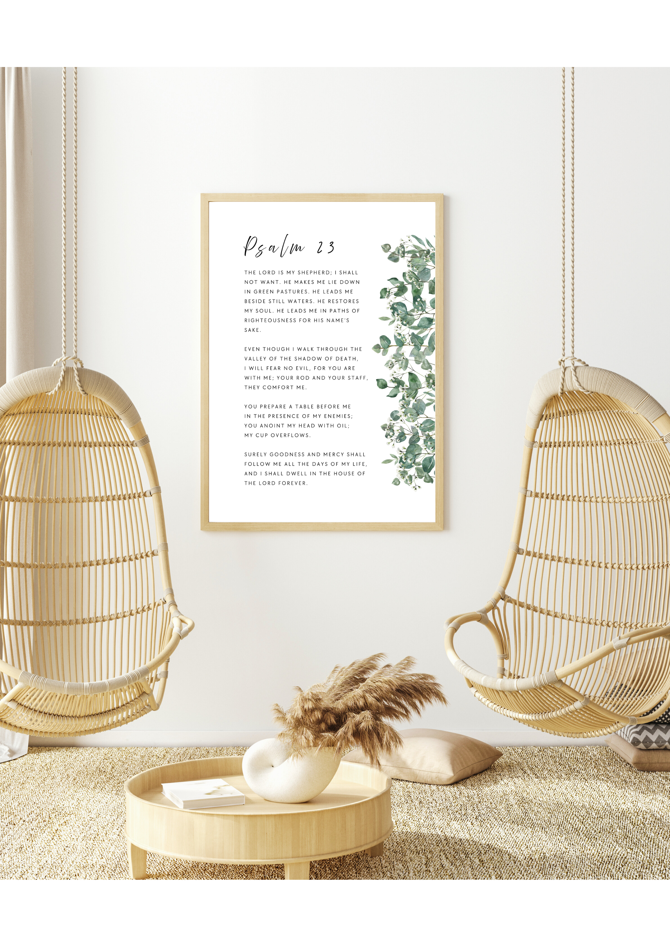 Christian art print in beautiful botanical design of eucalyptus leaves and small white flowers, featuring Psalm 23 "The LORD is my Shepherd". Made and printed in New Zealand. Exclusively available at Cocosoy Joy NZ. Perfect gift and home decor.