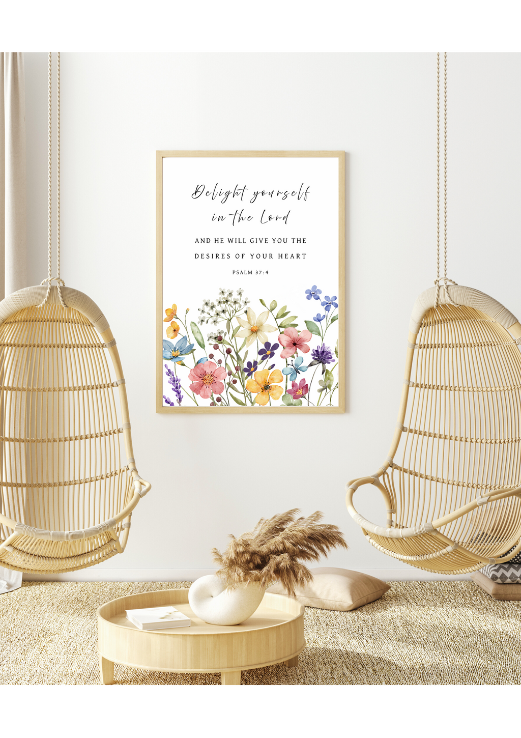 Christian art print featuring Psalm 37:4, "Delight yourself in the LORD and He will give you the desires of your heart", in watercolour botanical design of colourful wildflowers. Made and printed in New Zealand. Available at Cocosoy Joy NZ. Ideal for gifts and home decor.