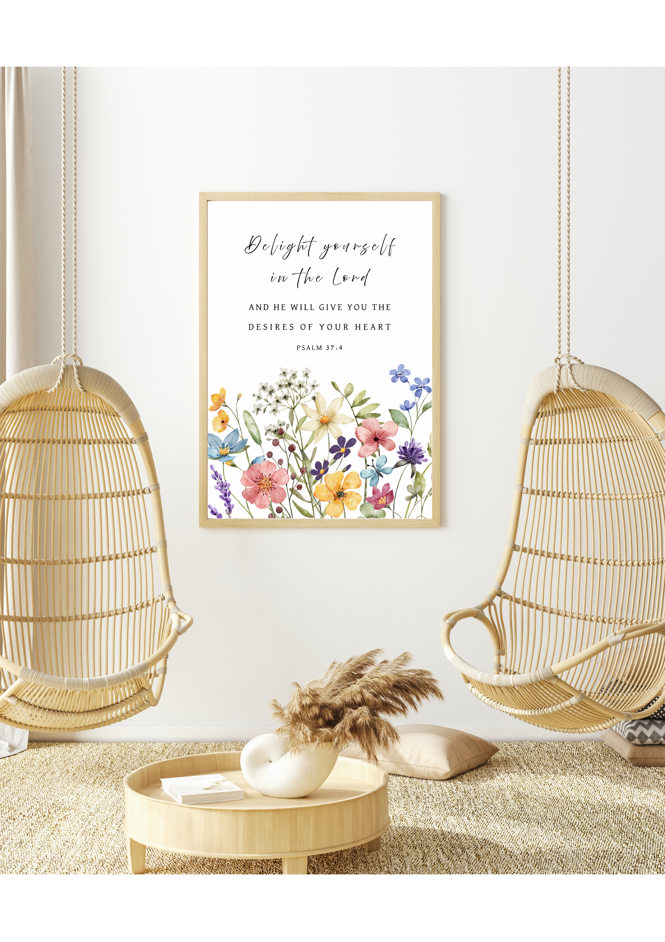 Christian art print featuring Psalm 37:4, "Delight yourself in the LORD and He will give you the desires of your heart", in watercolour botanical design of colourful wildflowers. Made and printed in New Zealand. Available at Cocosoy Joy NZ. Ideal for gifts and home decor.