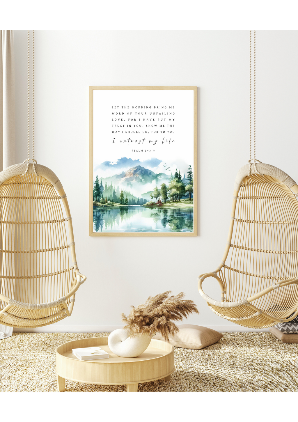 Christian giclee art print in beautiful landscape design of mountains, forests, and lake. Featuring Psalm 143:8, ""Let the morning bring me word of Your unfailing love, for I have put my trust in You. Show me the way I should go, for to You I entrust my life." Made and printed in New Zealand. Available at Cocosoy Joy NZ. Perfect gift or home decor.