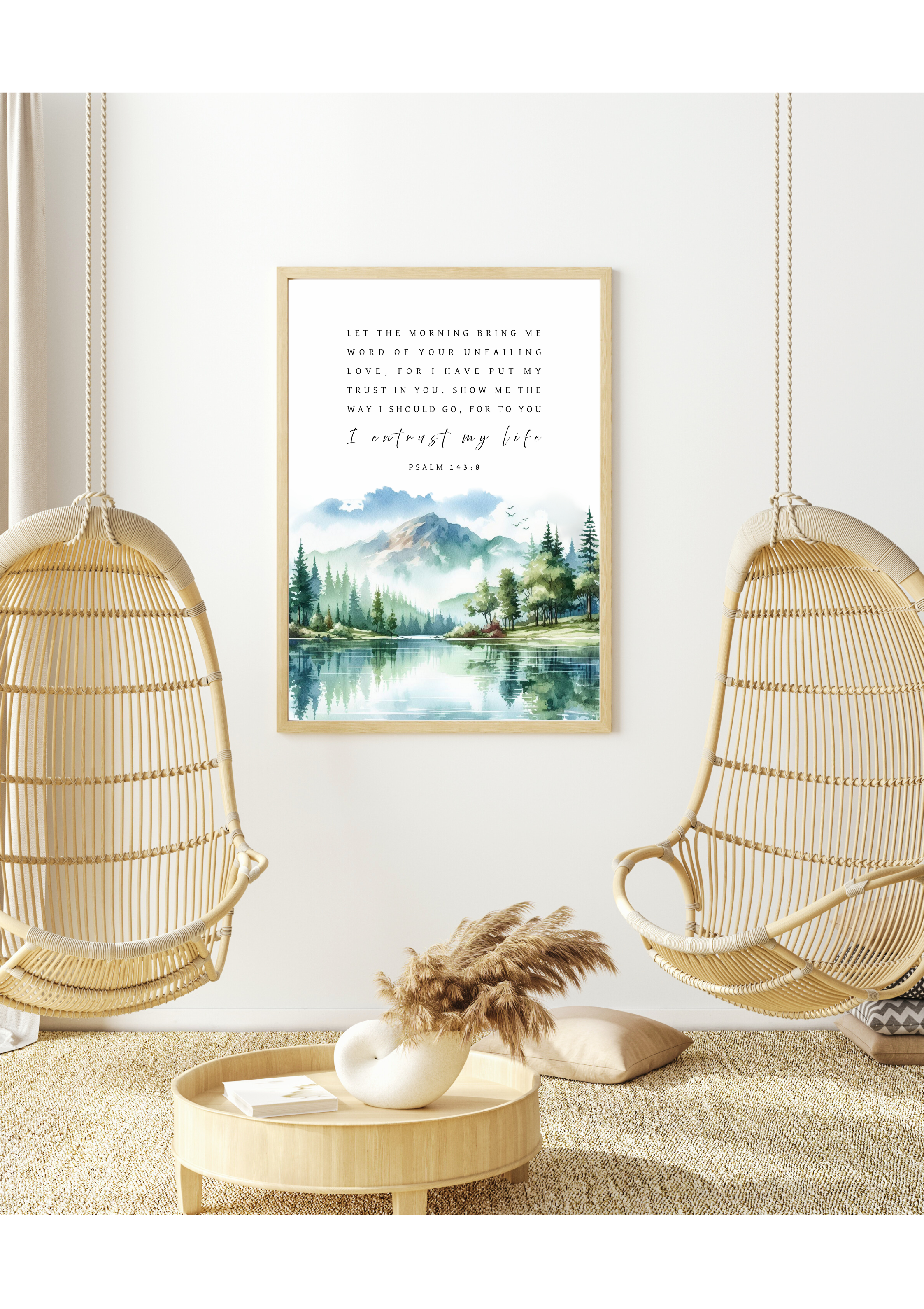 Christian giclee art print in beautiful landscape design of mountains, forests, and lake. Featuring Psalm 143:8, ""Let the morning bring me word of Your unfailing love, for I have put my trust in You. Show me the way I should go, for to You I entrust my life." Made and printed in New Zealand. Available at Cocosoy Joy NZ. Perfect gift or home decor.