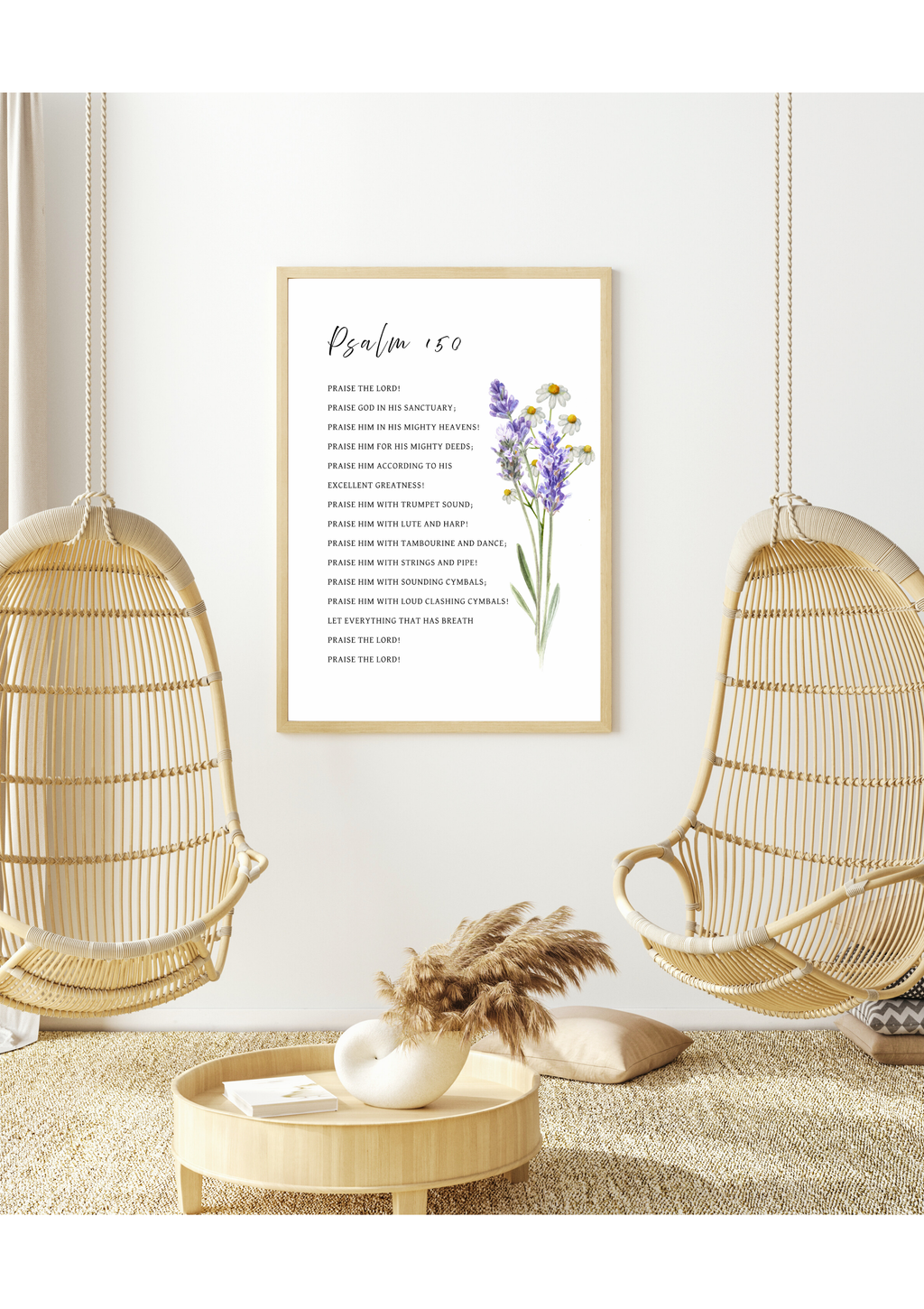 Psalm 150 Christian wall art print in beautiful botanical design of lavender and chamomile flowers - "Let everything that has breath praise the LORD". Made and printed in New Zealand. Exclusively available at Cocosoy Joy NZ. Perfect Christian gift and home decor.