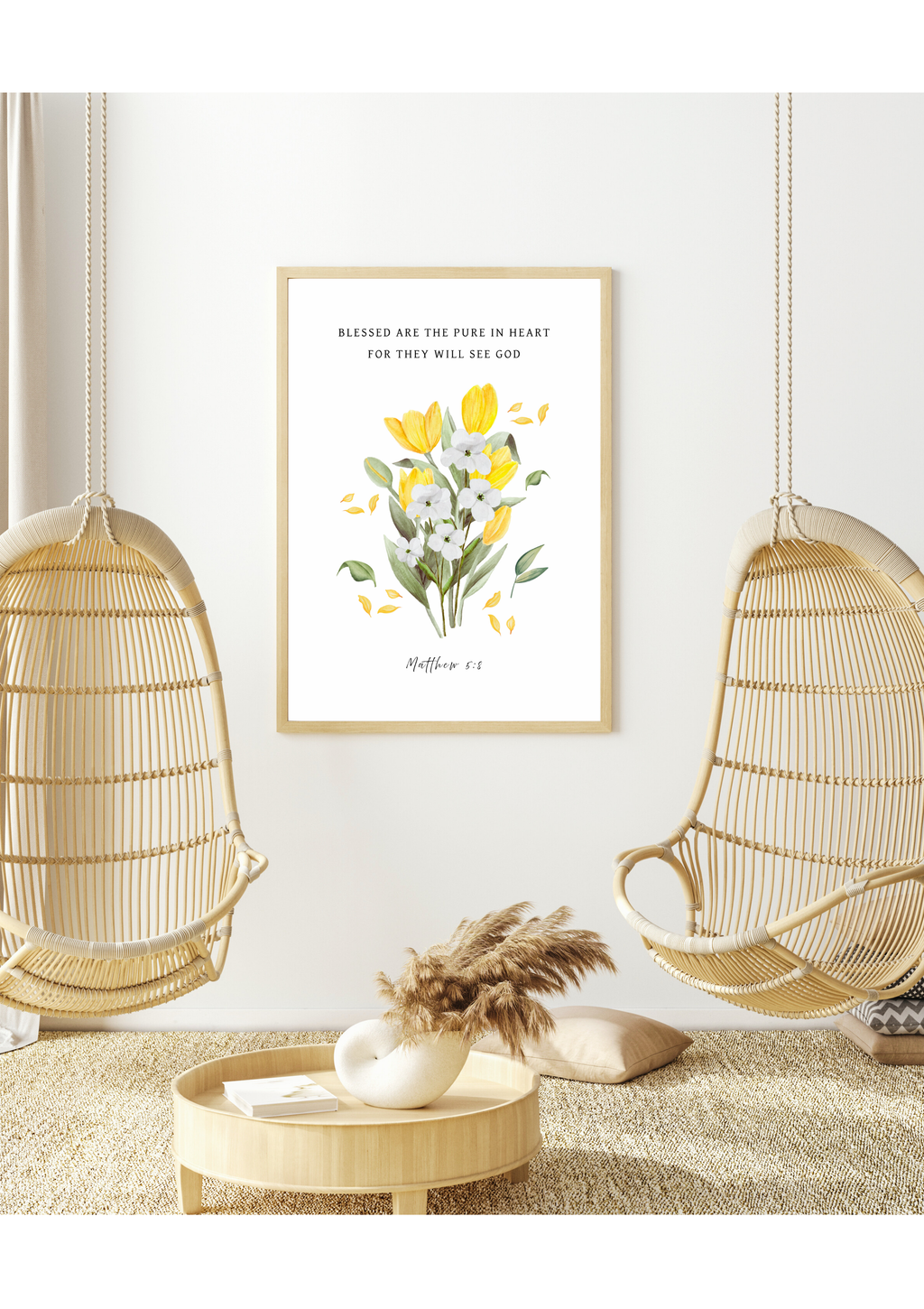 Christian art print in botanical design with yellow tulips and white flowers on a white background, featuring the Bible verse, Matthew 5:8, "Blessed are the pure in heart for they will see GOD". Made and printed in New Zealand. Available at Cocosoy Joy NZ. Perfect for gifts and home decor.