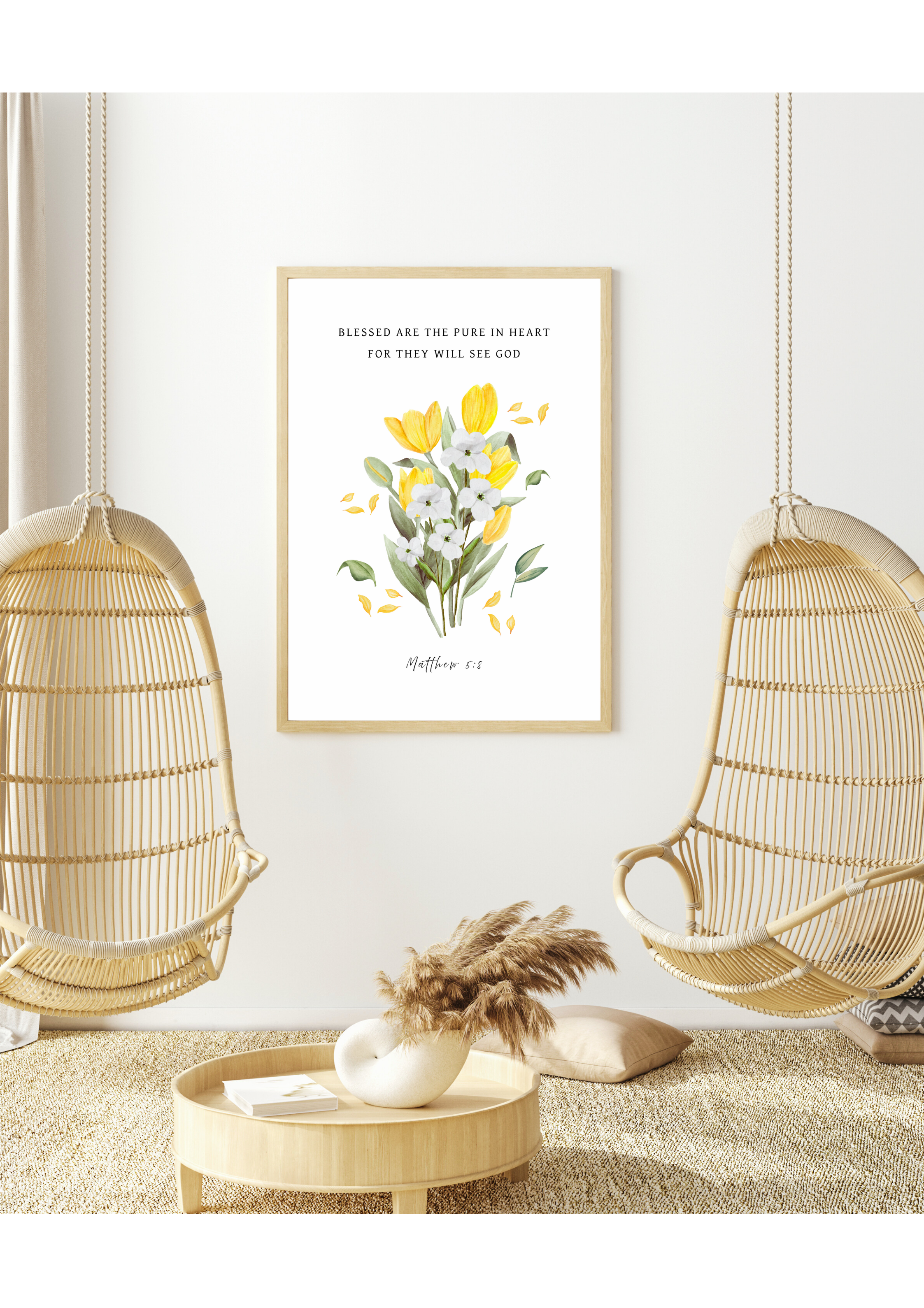 Christian art print in botanical design with yellow tulips and white flowers on a white background, featuring the Bible verse, Matthew 5:8, "Blessed are the pure in heart for they will see GOD". Made and printed in New Zealand. Available at Cocosoy Joy NZ. Perfect for gifts and home decor.