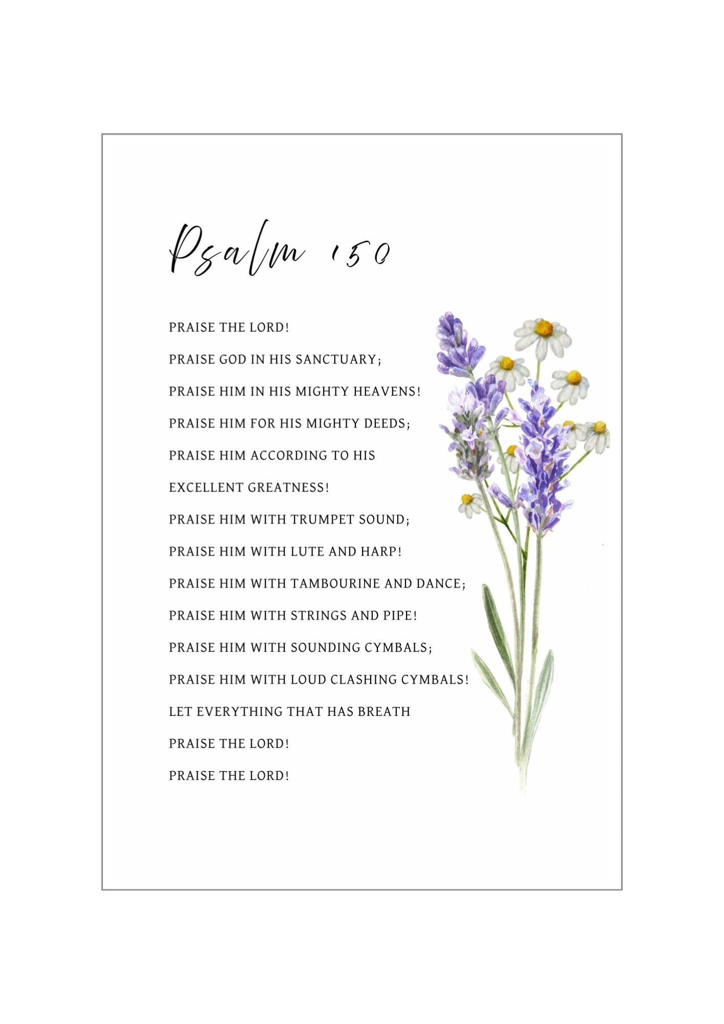Psalm 150 Christian wall art print in beautiful botanical design of lavender and chamomile flowers - "Let everything that has breath praise the LORD". Made and printed in New Zealand. Exclusively available at Cocosoy Joy NZ. Perfect Christian gift and home decor.