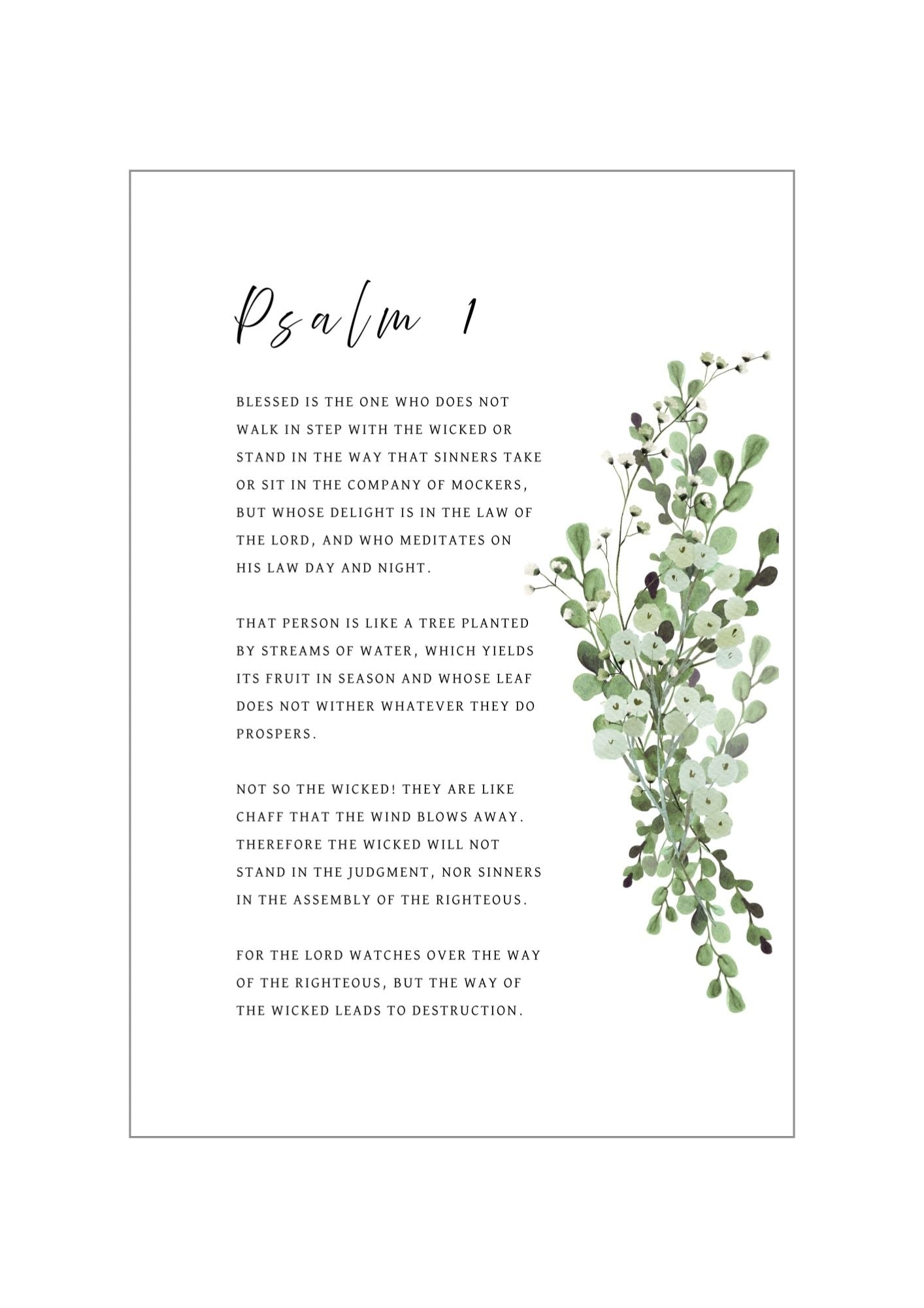 Christian giclee wall art print in a beautiful botanical design of a eucalyptus leaves bouquet, featuring Psalm 1. Made and printed in New Zealand. Exclusively available at Cocosoy Joy NZ. Perfect gift or home decor.
