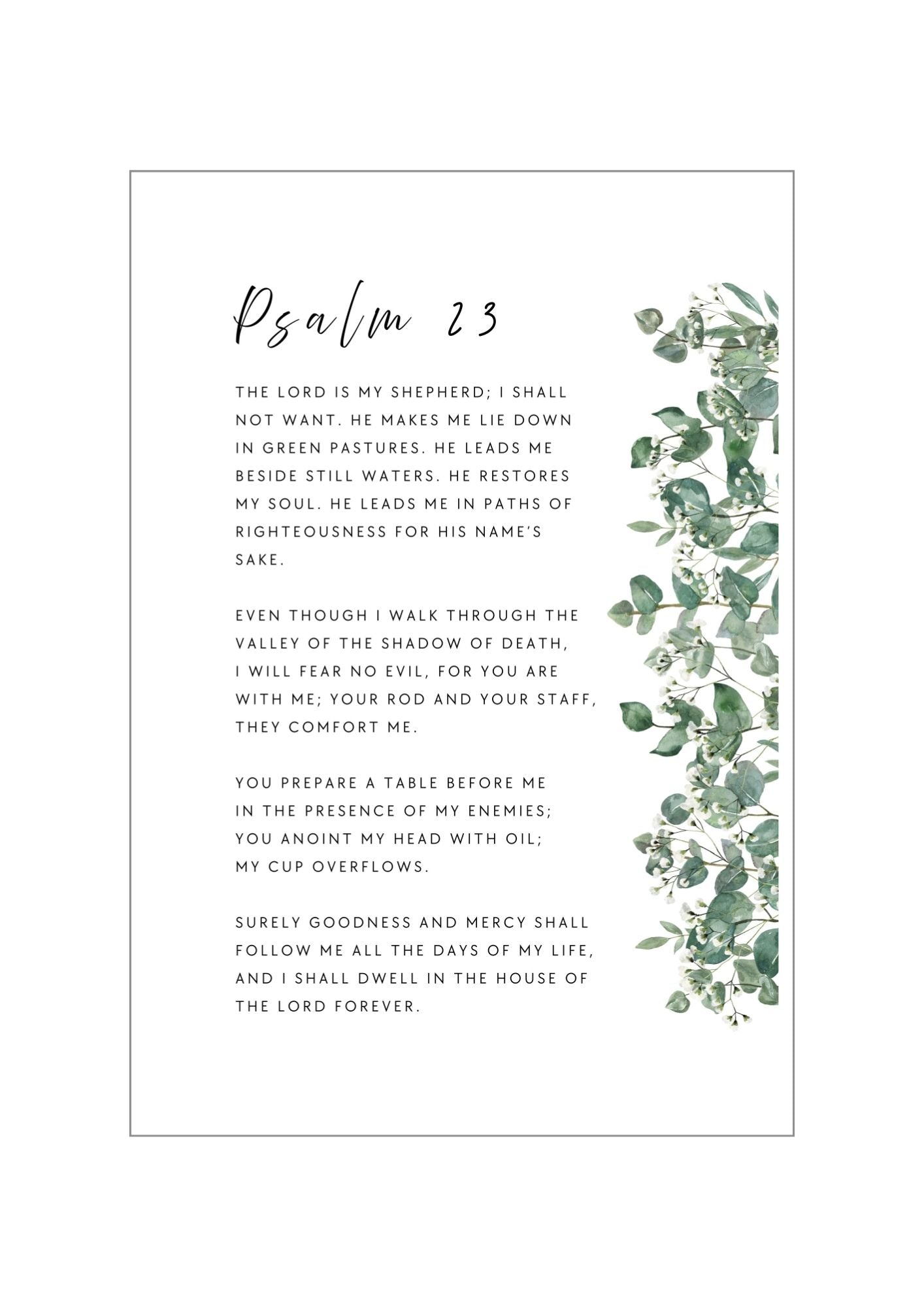 Christian art print in beautiful botanical design of eucalyptus leaves and small white flowers, featuring Psalm 23 "The LORD is my Shepherd". Made and printed in New Zealand. Exclusively available at Cocosoy Joy NZ. Perfect gift and home decor.