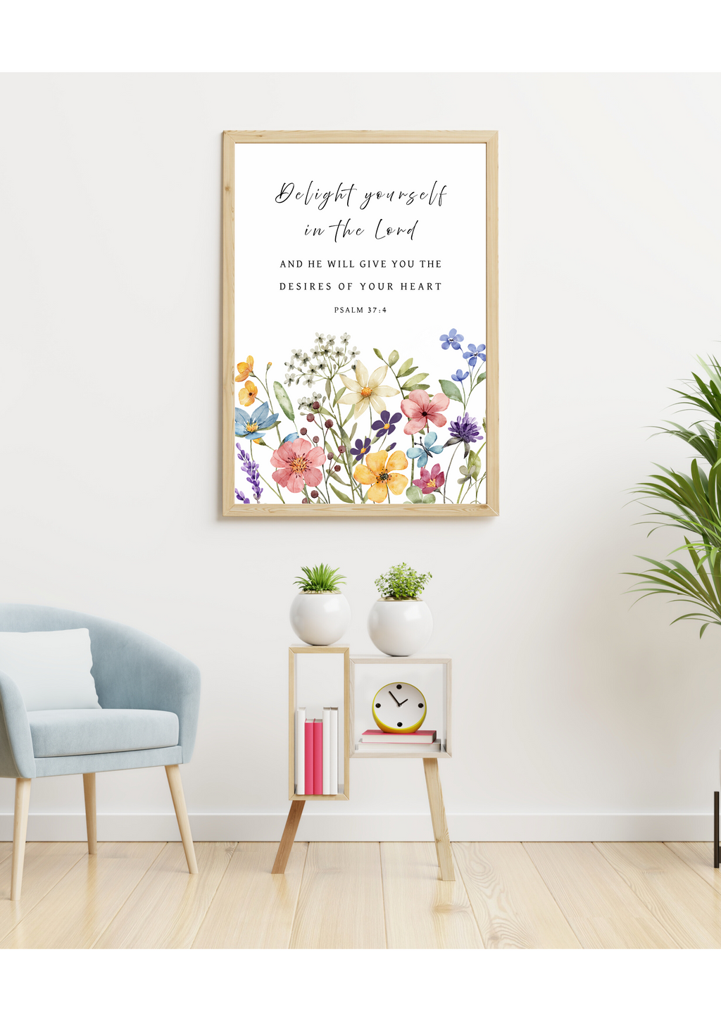 Christian art print featuring Psalm 37:4, "Delight yourself in the LORD and He will give you the desires of your heart", in watercolour botanical design of colourful wildflowers. Made and printed in New Zealand. Available at Cocosoy Joy NZ. Ideal for gifts and home decor.