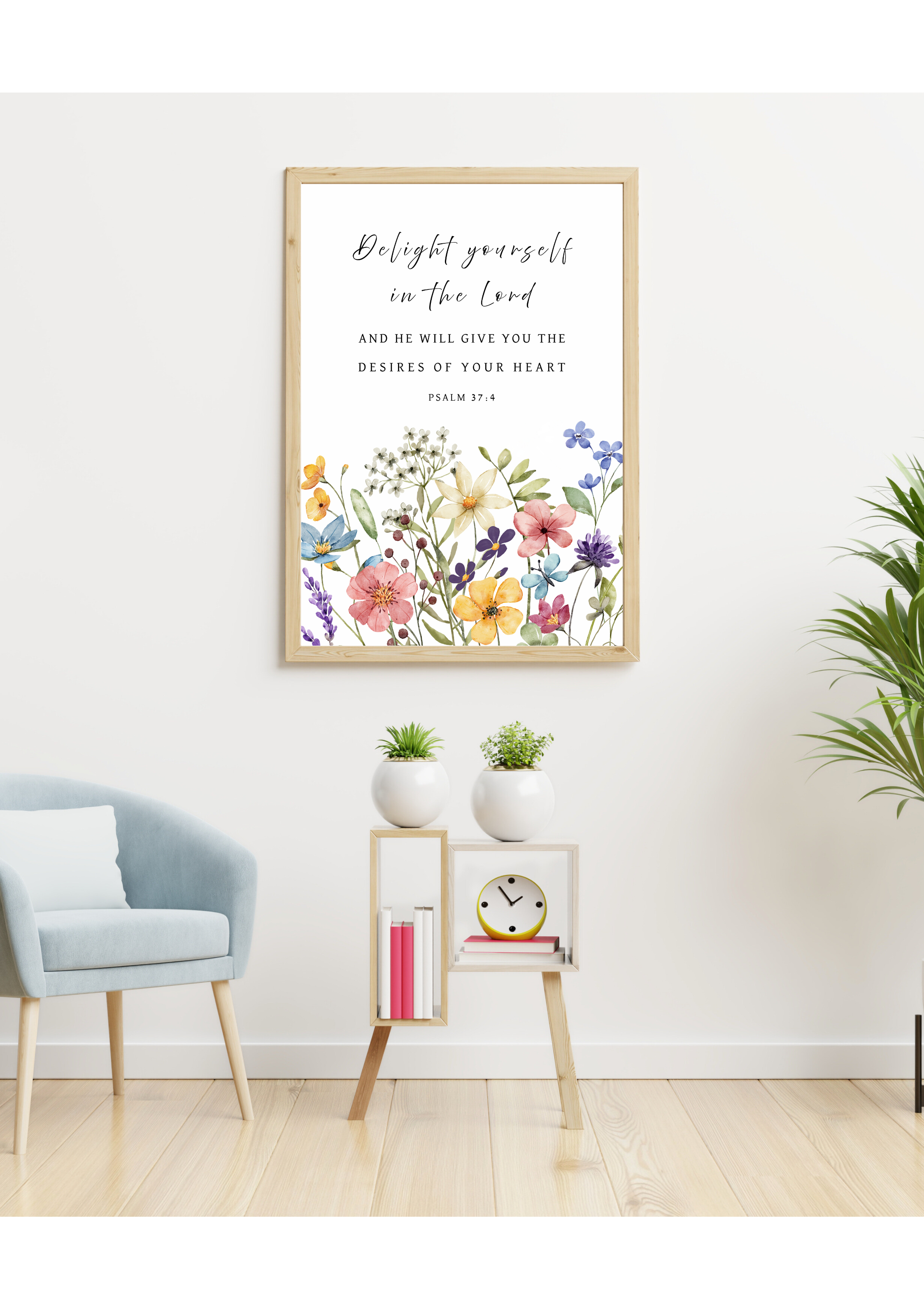 Christian art print featuring Psalm 37:4, "Delight yourself in the LORD and He will give you the desires of your heart", in watercolour botanical design of colourful wildflowers. Made and printed in New Zealand. Available at Cocosoy Joy NZ. Ideal for gifts and home decor.