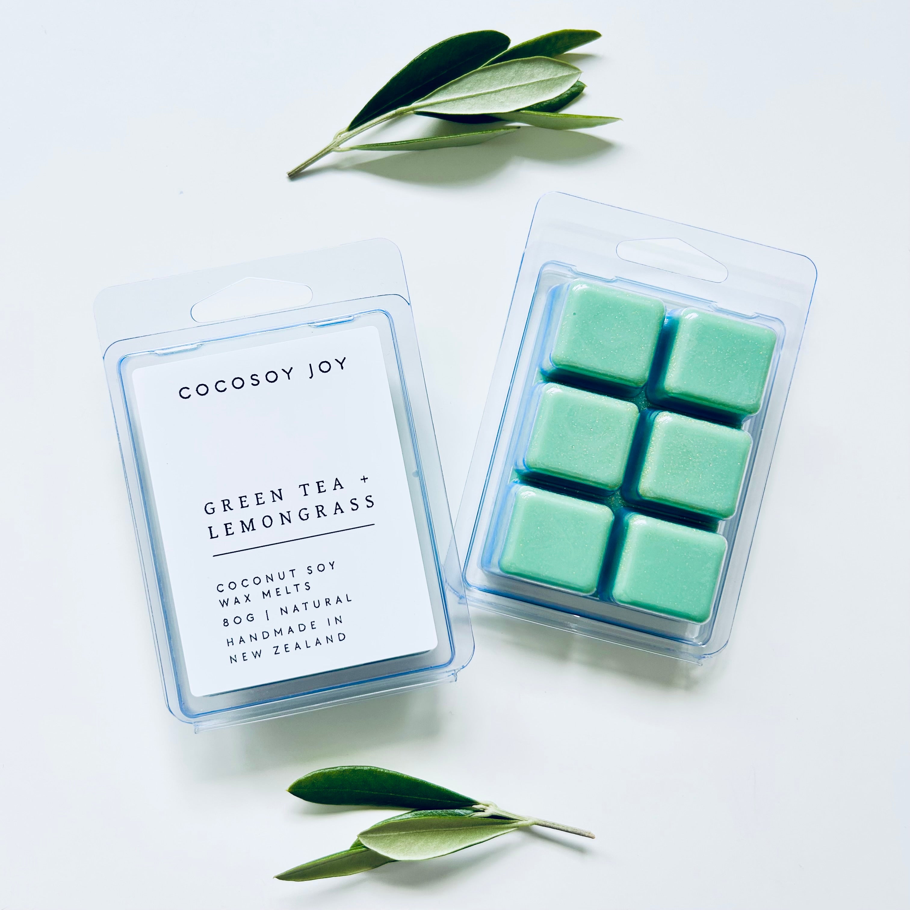 Green Tea and Lemongrass Coconut Soy wax melts. Made from natural coconut and soy waxes and high-quality fragrance oils. Vegan, paraffin-free, and phthalate-free. A safer and cleaner way to make your home beautifully fragrant. Handmade in New Zealand. Available at Cocosoy Joy NZ.