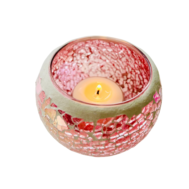 Handcrafted pink and silver mosaic tealight candle holder with shimmering glass tiles that reflect soft candlelight, creating a cozy, calming ambience for home décor. Available at Cocosoy Joy New Zealand.