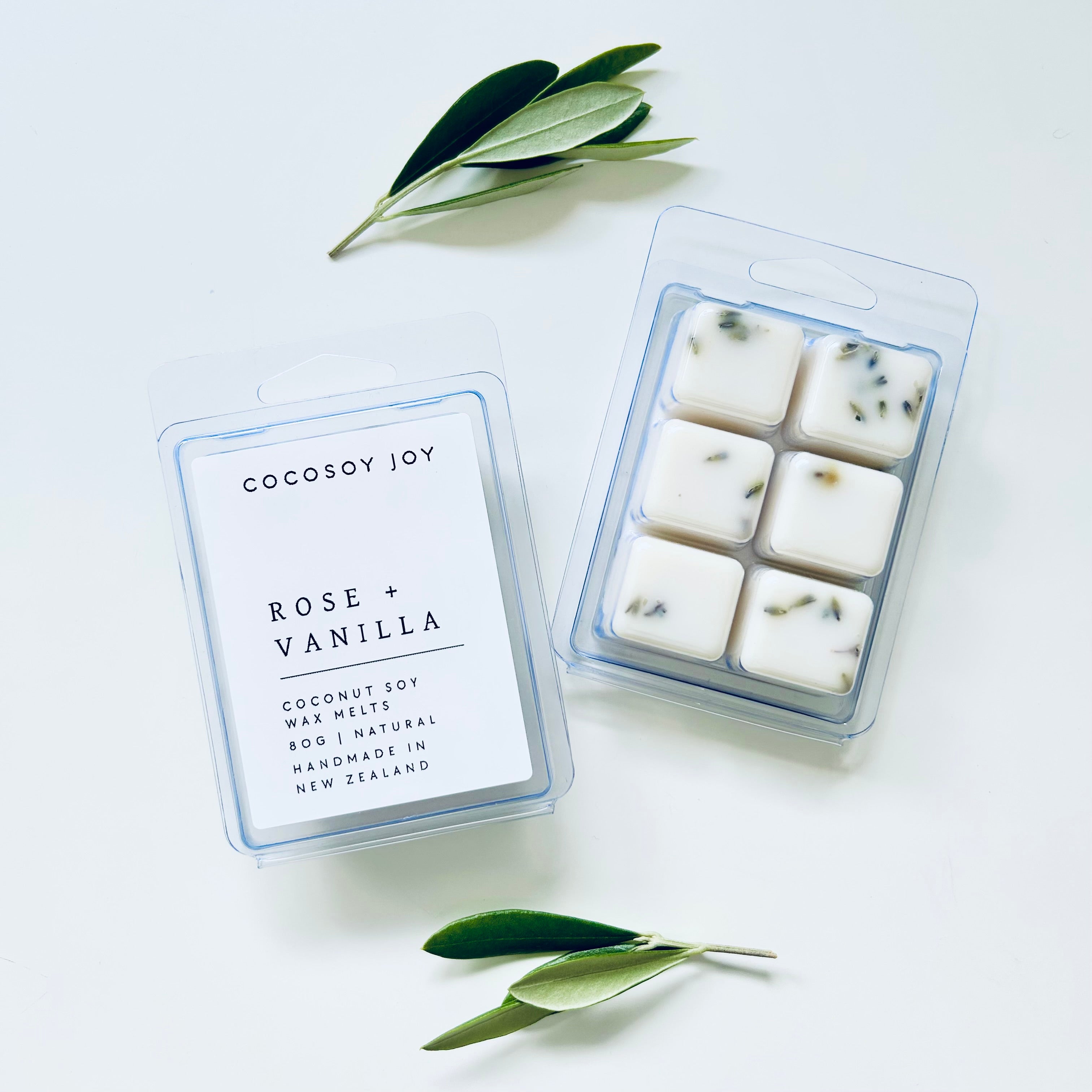 Rose and Vanilla Botanical Coconut Soy wax melts. Made from natural coconut and soy waxes and high-quality fragrance oils. Vegan, natural, paraffin-free, and phthalate-free. A safer and cleaner way to make your home beautifully fragrant. Handmade in New Zealand. Available at Cocosoy Joy NZ.