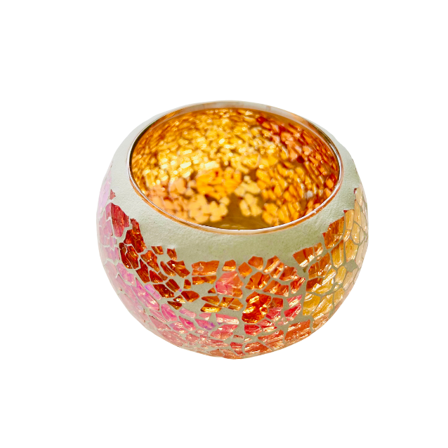 Handcrafted amber mosaic tealight candle holder with shimmering glass tiles that reflect soft candlelight, creating a cozy, calming ambience for home décor. Available at Cocosoy Joy New Zealand.