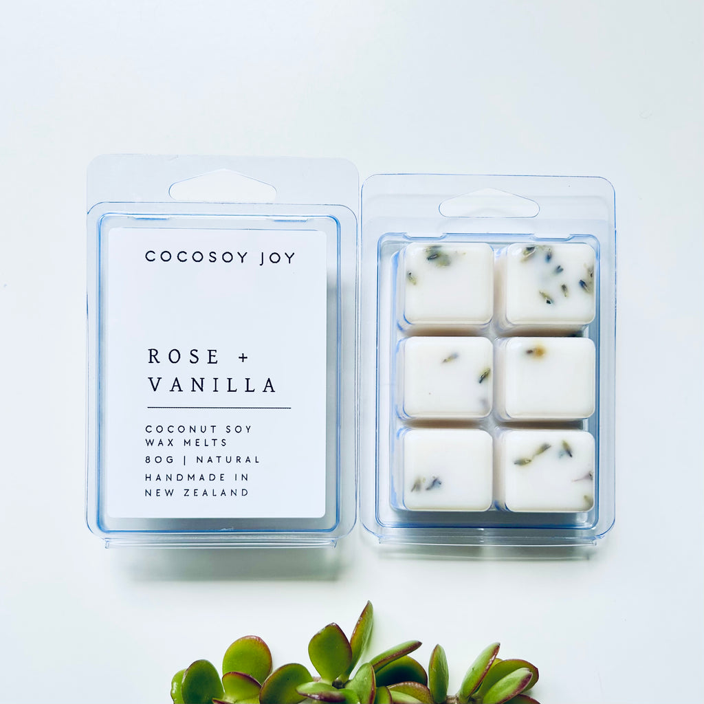 Rose and Vanilla Botanical Coconut Soy wax melts. Made from natural coconut and soy waxes and high-quality fragrance oils. Vegan, natural, paraffin-free, and phthalate-free. A safer and cleaner way to make your home beautifully fragrant. Handmade in New Zealand. Available at Cocosoy Joy NZ.