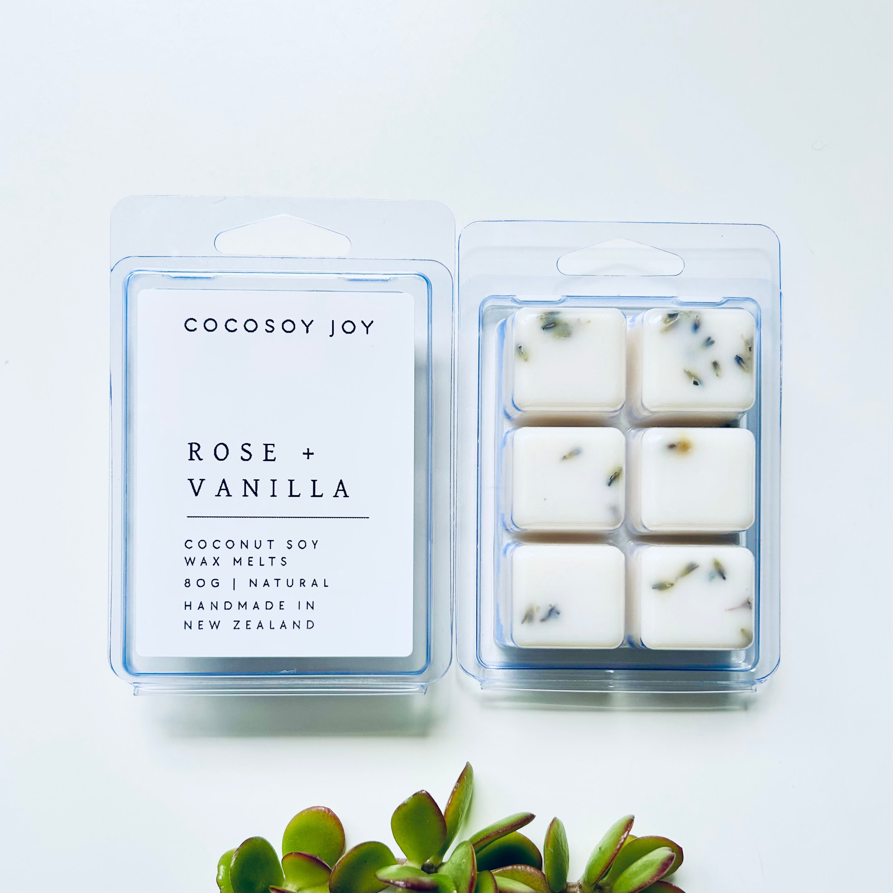 Rose and Vanilla Botanical Coconut Soy wax melts. Made from natural coconut and soy waxes and high-quality fragrance oils. Vegan, natural, paraffin-free, and phthalate-free. A safer and cleaner way to make your home beautifully fragrant. Handmade in New Zealand. Available at Cocosoy Joy NZ.