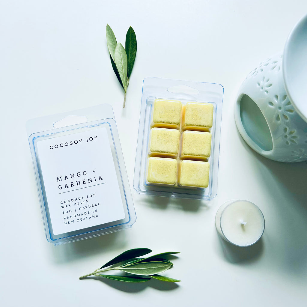 Mango and Gardenia Coconut Soy wax melts. Made from natural coconut and soy waxes and high-quality fragrance oils. Vegan, paraffin-free, and phthalate-free. A safer and cleaner way to make your home beautifully fragrant. Handmade in New Zealand. Available at Cocosoy Joy NZ.
